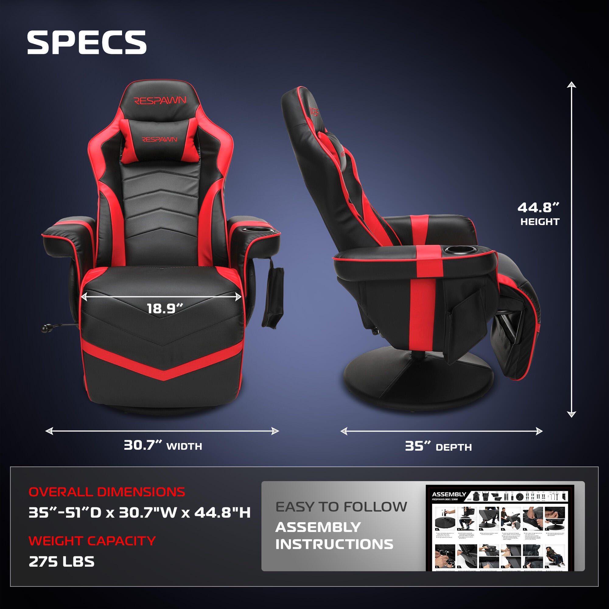 RESPAWN 900 Gaming Recliner, Red, large