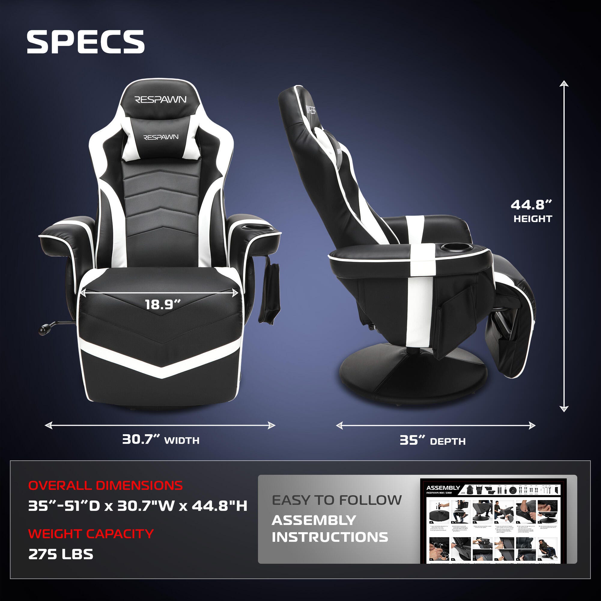 RESPAWN 900 Gaming Recliner, White, large