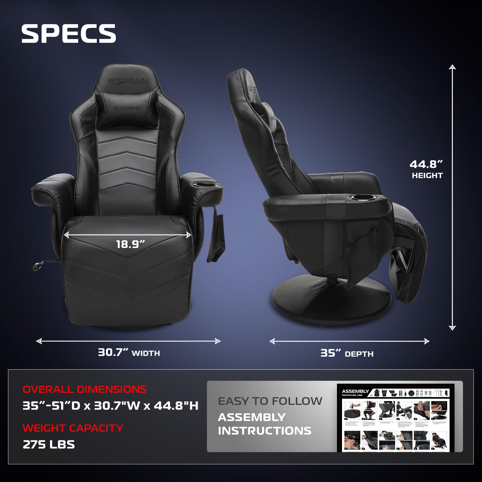 RESPAWN 900 Gaming Recliner, Black, large