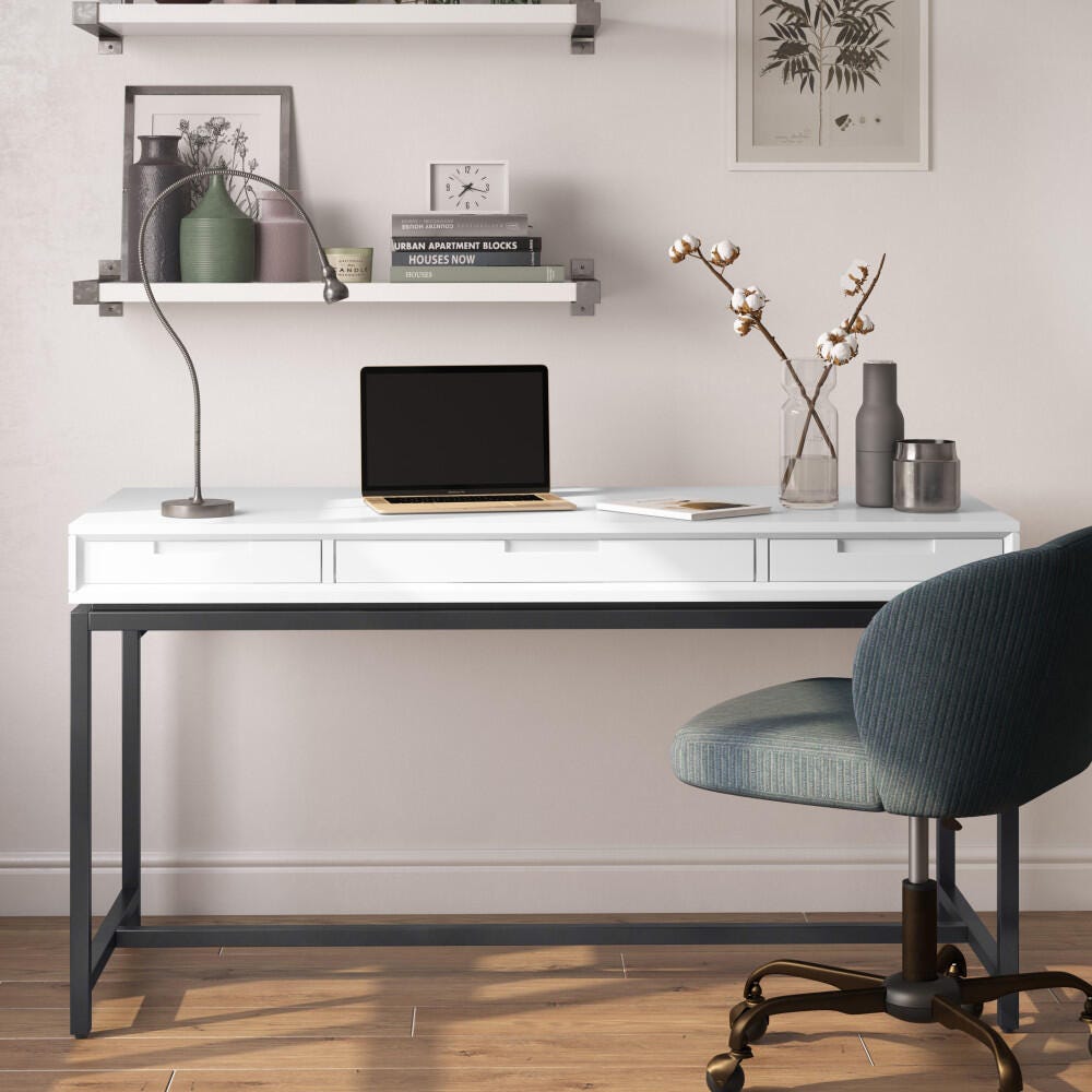 Banting Solid Wood Modern Industrial 60" Desk, White, rollover