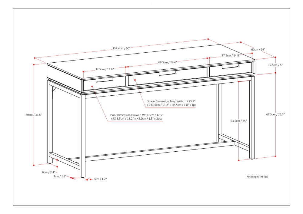 Banting Solid Wood Modern Industrial 60" Desk, White, large