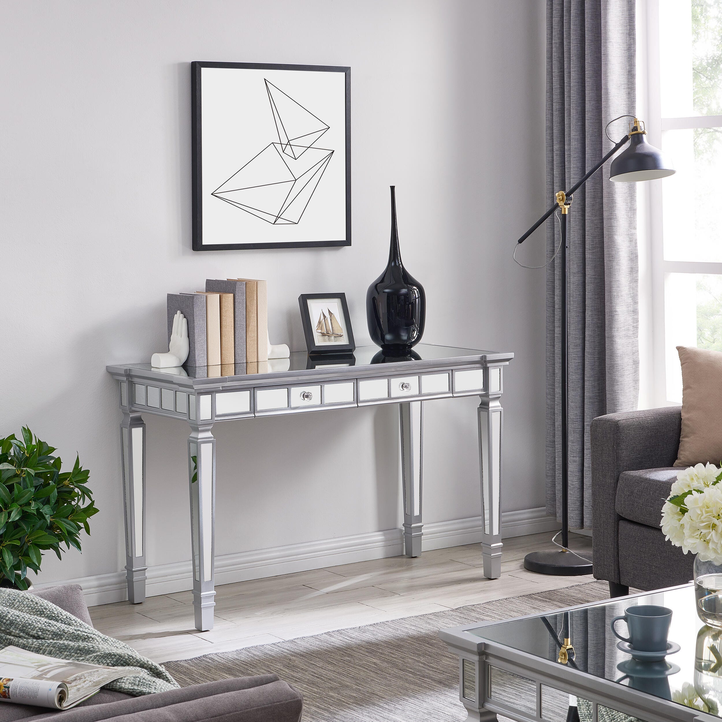 Wellax Glam Mirrored Writing Desk with Drawers, , large