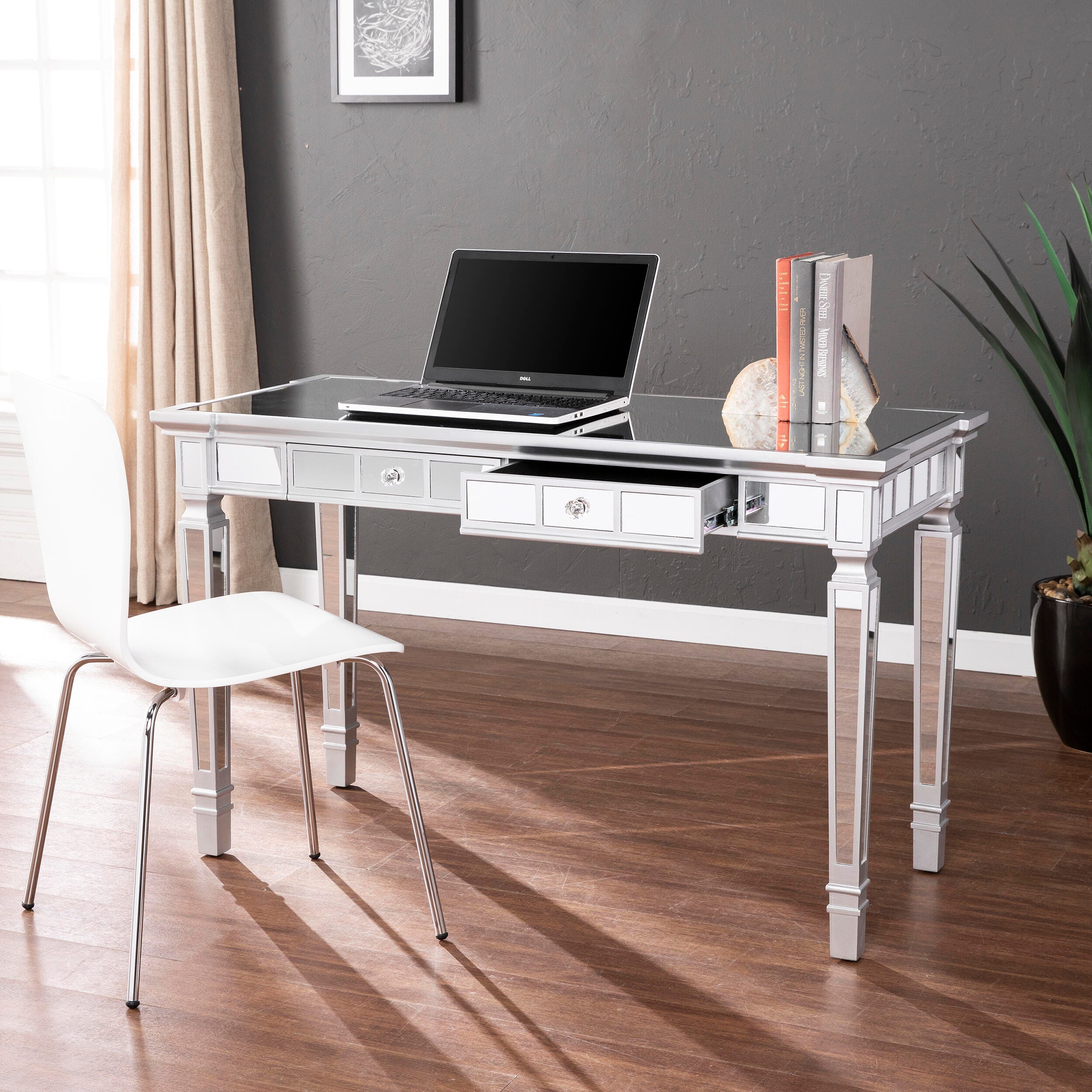 Wellax Glam Mirrored Writing Desk with Drawers, , large