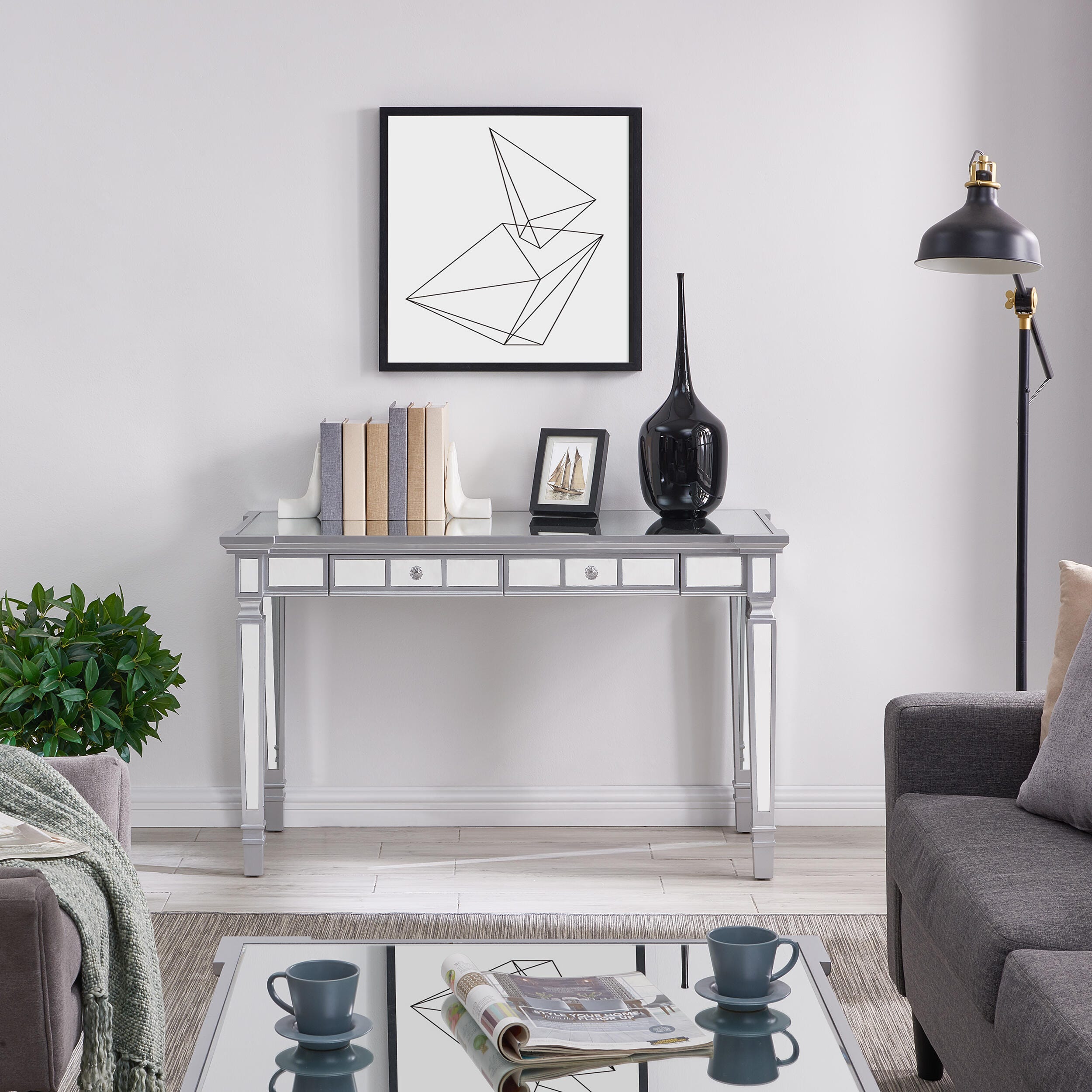Wellax Glam Mirrored Writing Desk with Drawers, , large