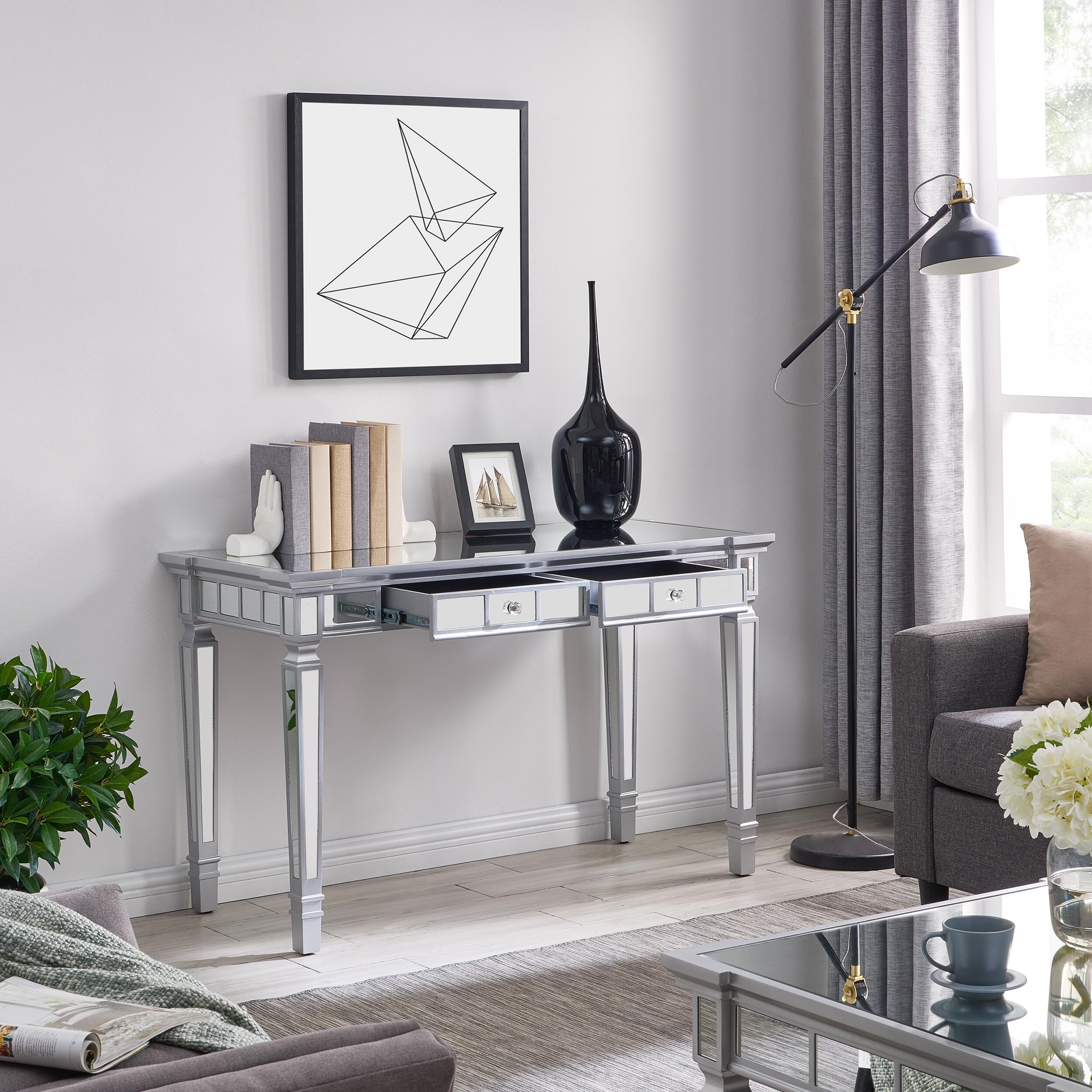 Wellax Glam Mirrored Writing Desk with Drawers, , large