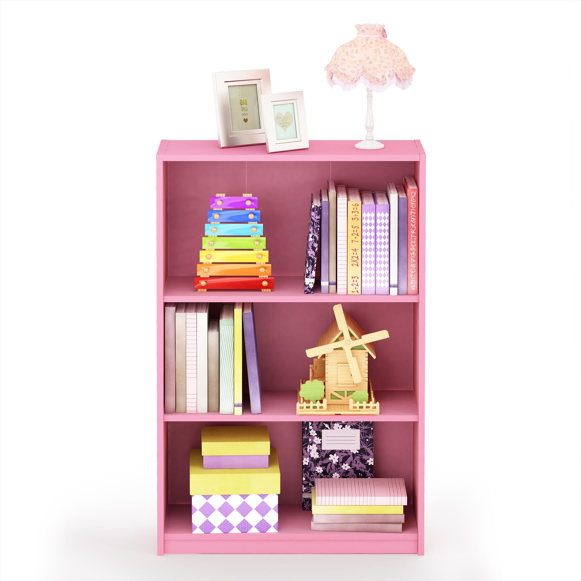 Furinno JAYA Simple Home 3-Tier Adjustable Shelf Bookcase, Pink, large