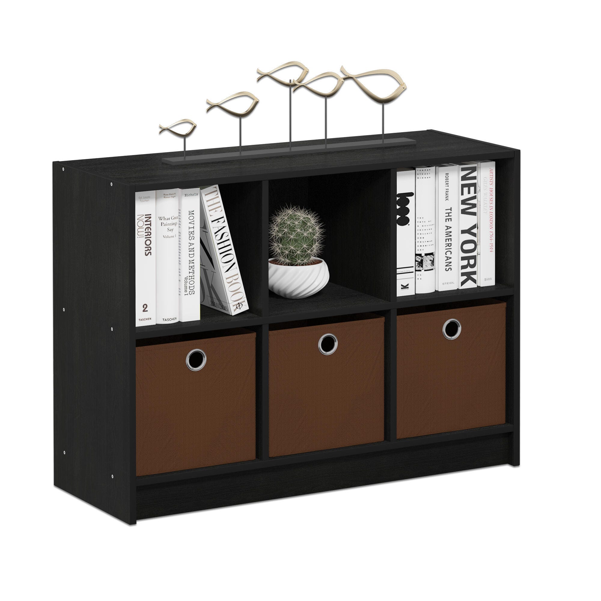 Furinno Basic 3x2 Bookcase Storage with Bins, Americano/Medium Brown, large