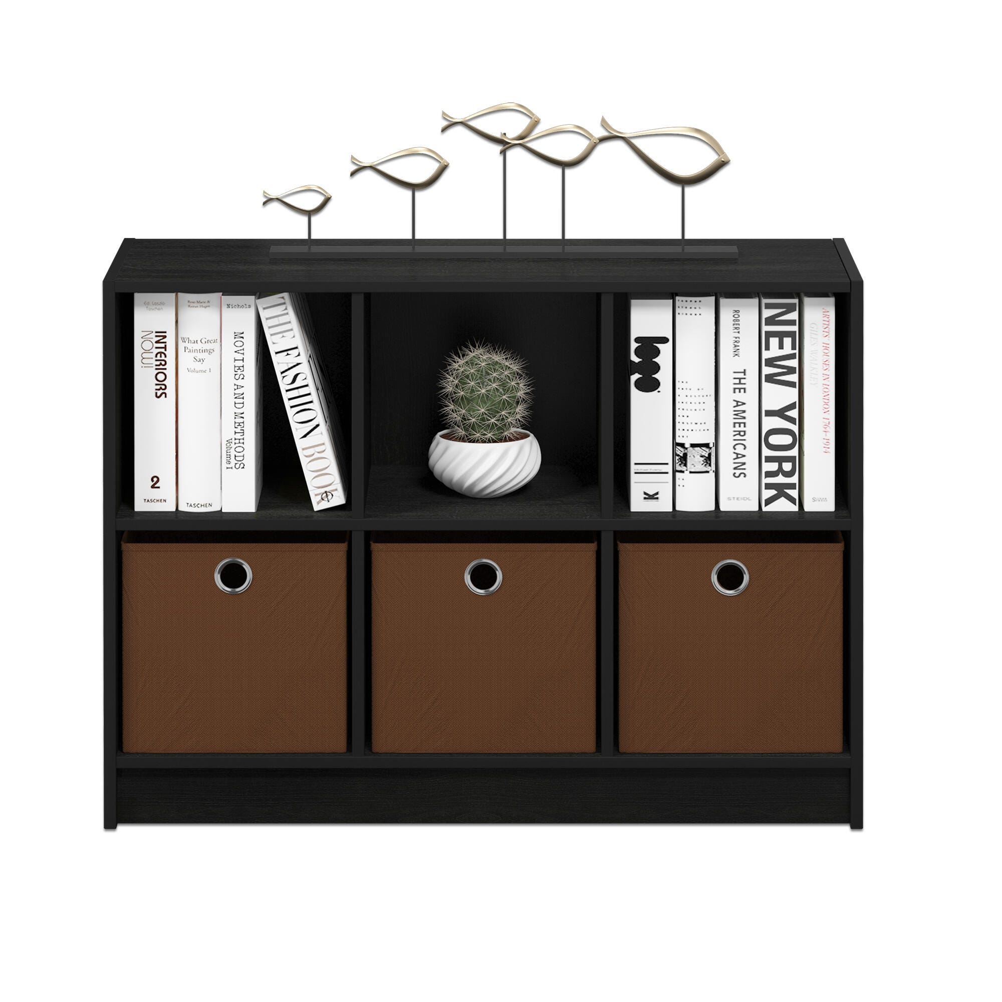 Furinno Basic 3x2 Bookcase Storage with Bins, Americano/Medium Brown, large