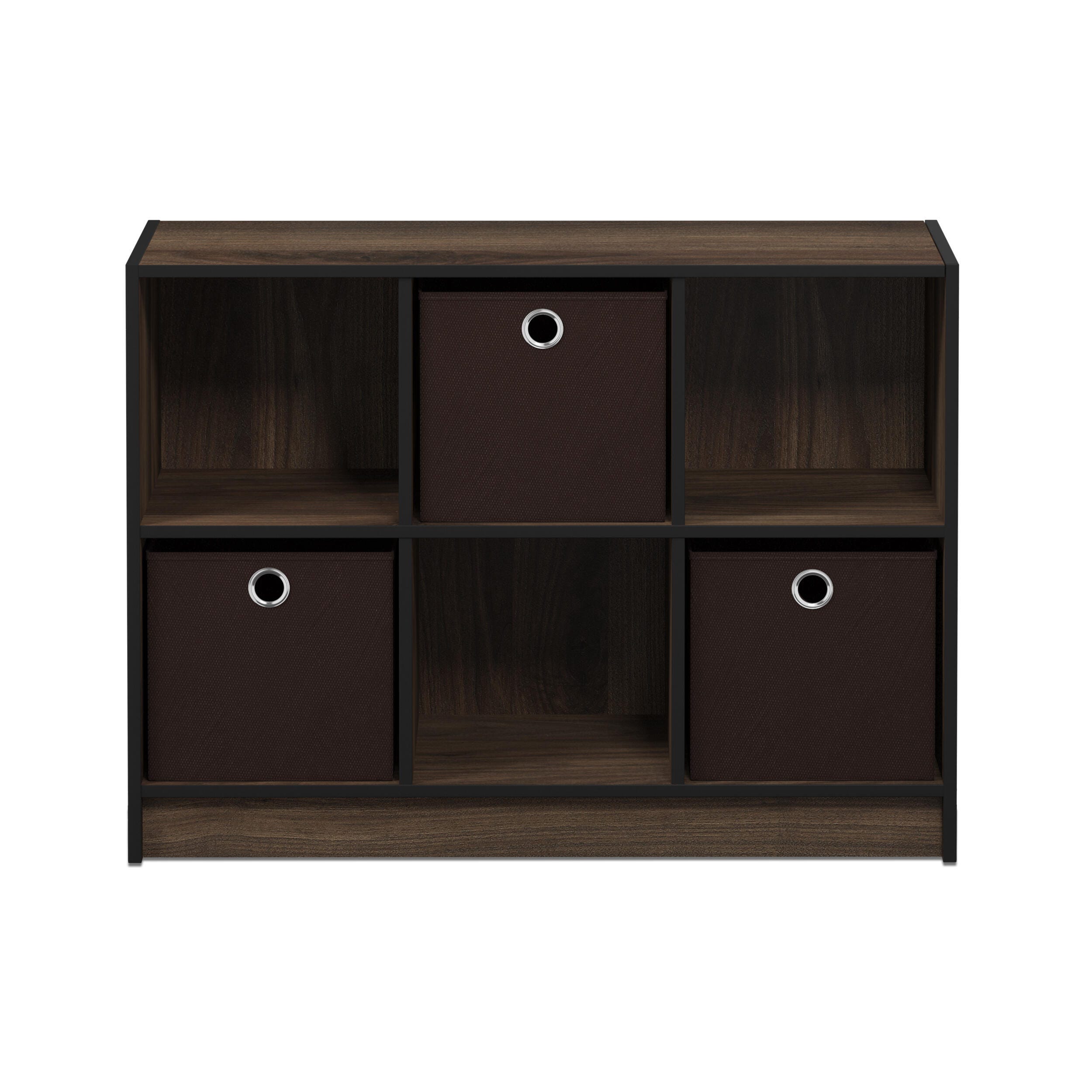 Furinno Basic 3x2 Bookcase Storage with Bins, Walnut/Dark Brown, large