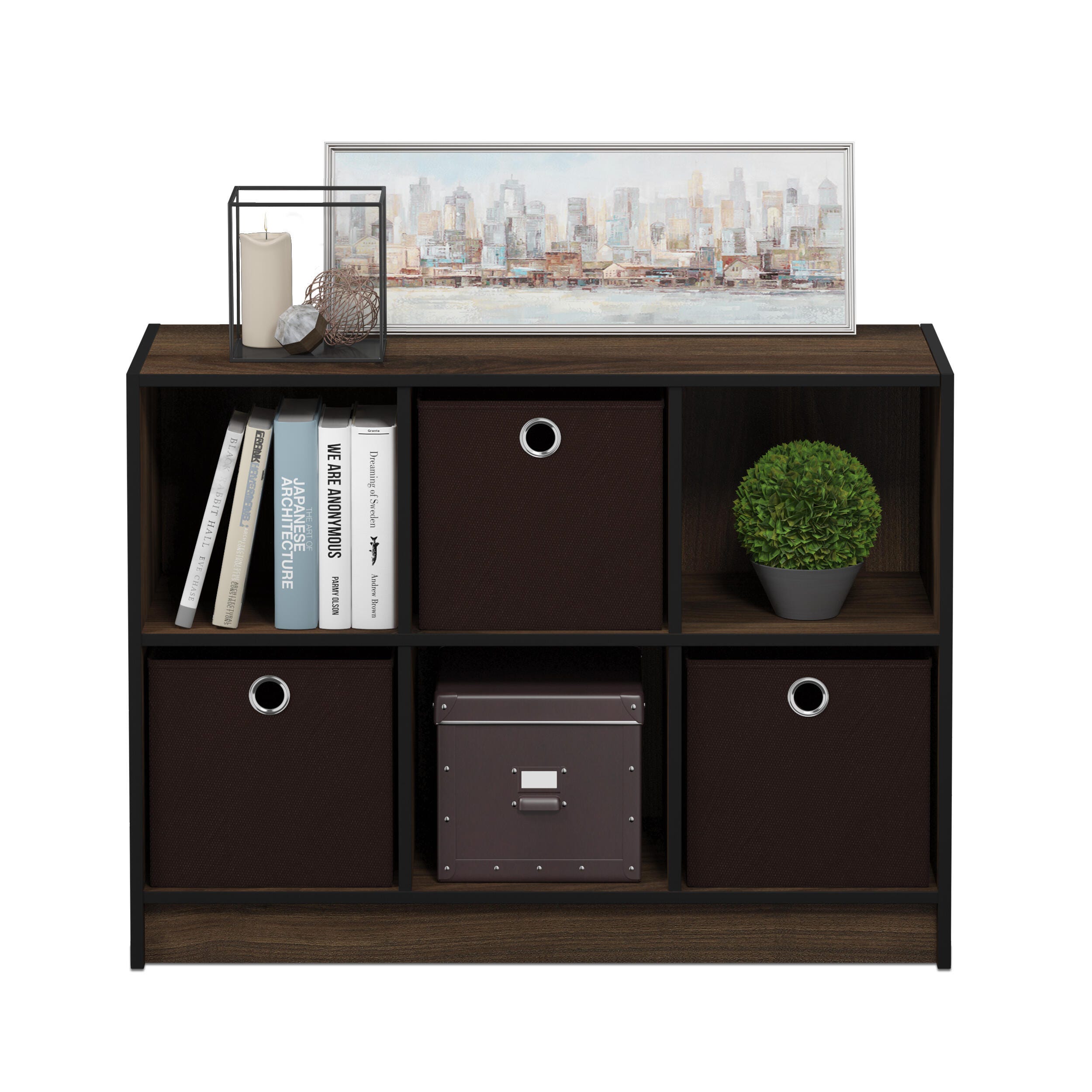 Furinno Basic 3x2 Bookcase Storage with Bins, Walnut/Dark Brown, large