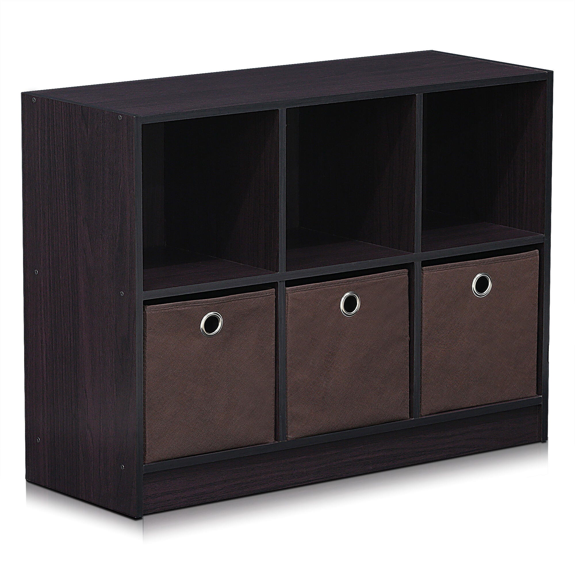 Furinno Basic 3x2 Bookcase Storage with Bins, Dark Walnut, large