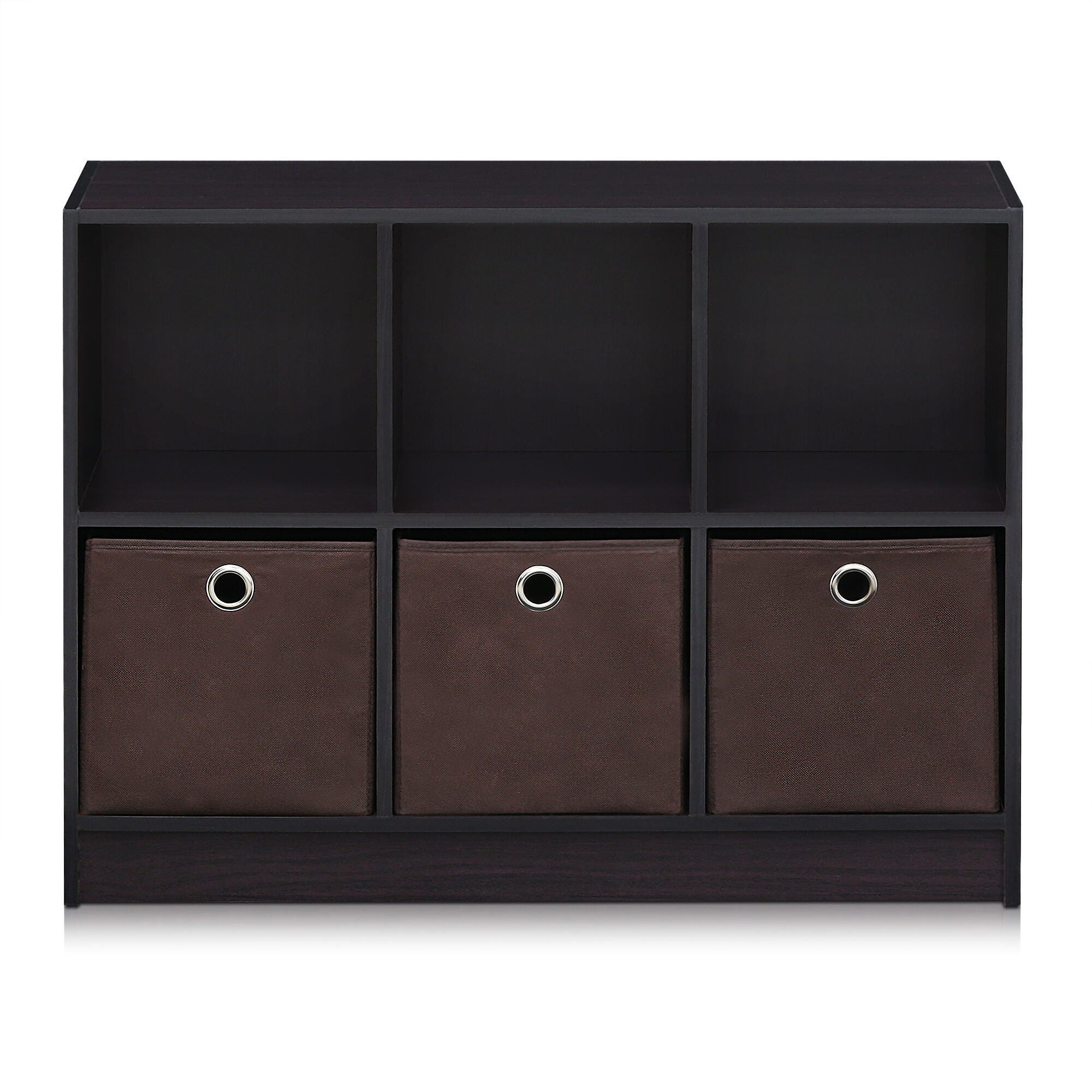 Furinno Basic 3x2 Bookcase Storage with Bins, Dark Walnut, large
