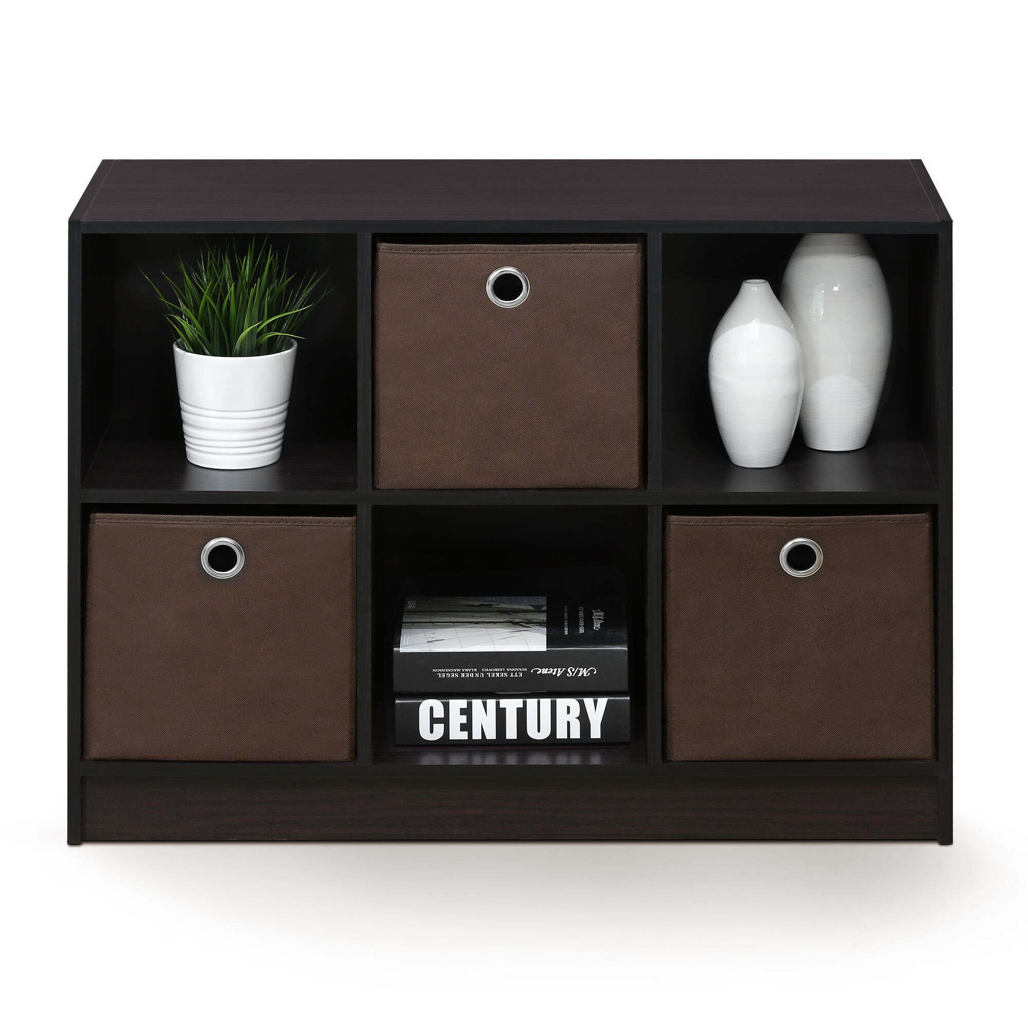 Furinno Basic 3x2 Bookcase Storage with Bins, Dark Walnut, large