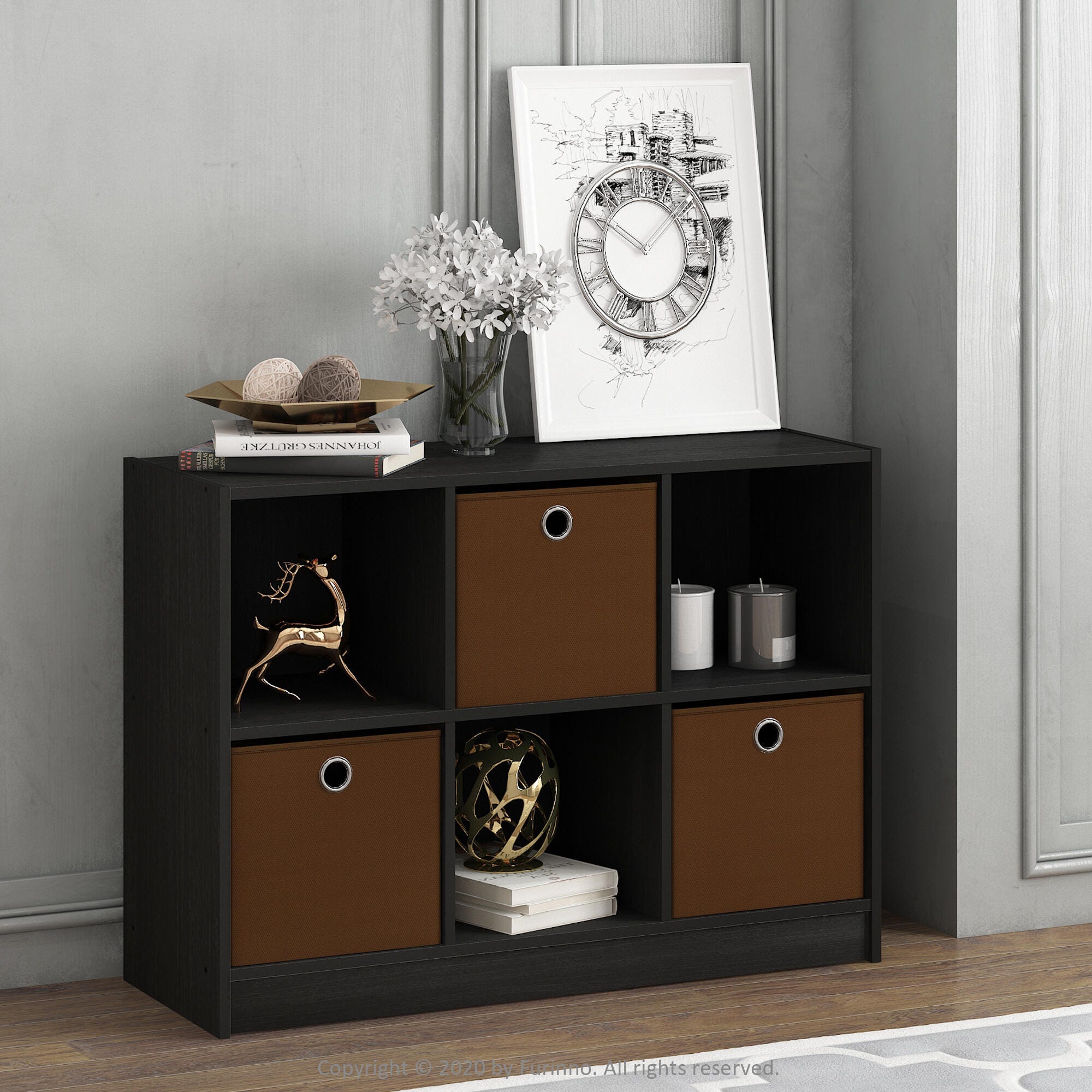 Furinno Basic 3x2 Bookcase Storage with Bins, Espresso/Brown, large
