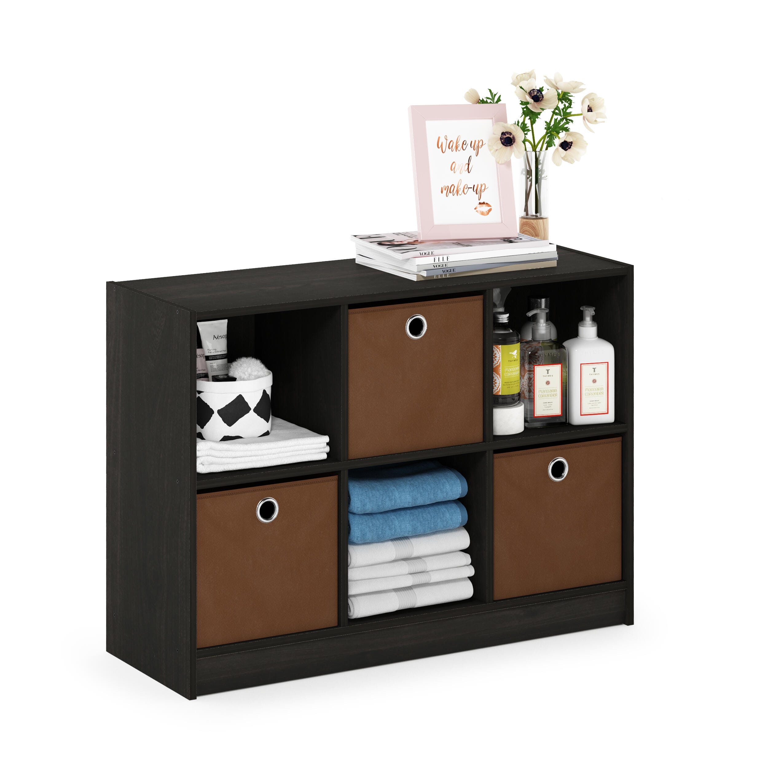 Furinno Basic 3x2 Bookcase Storage with Bins, Espresso/Brown, large