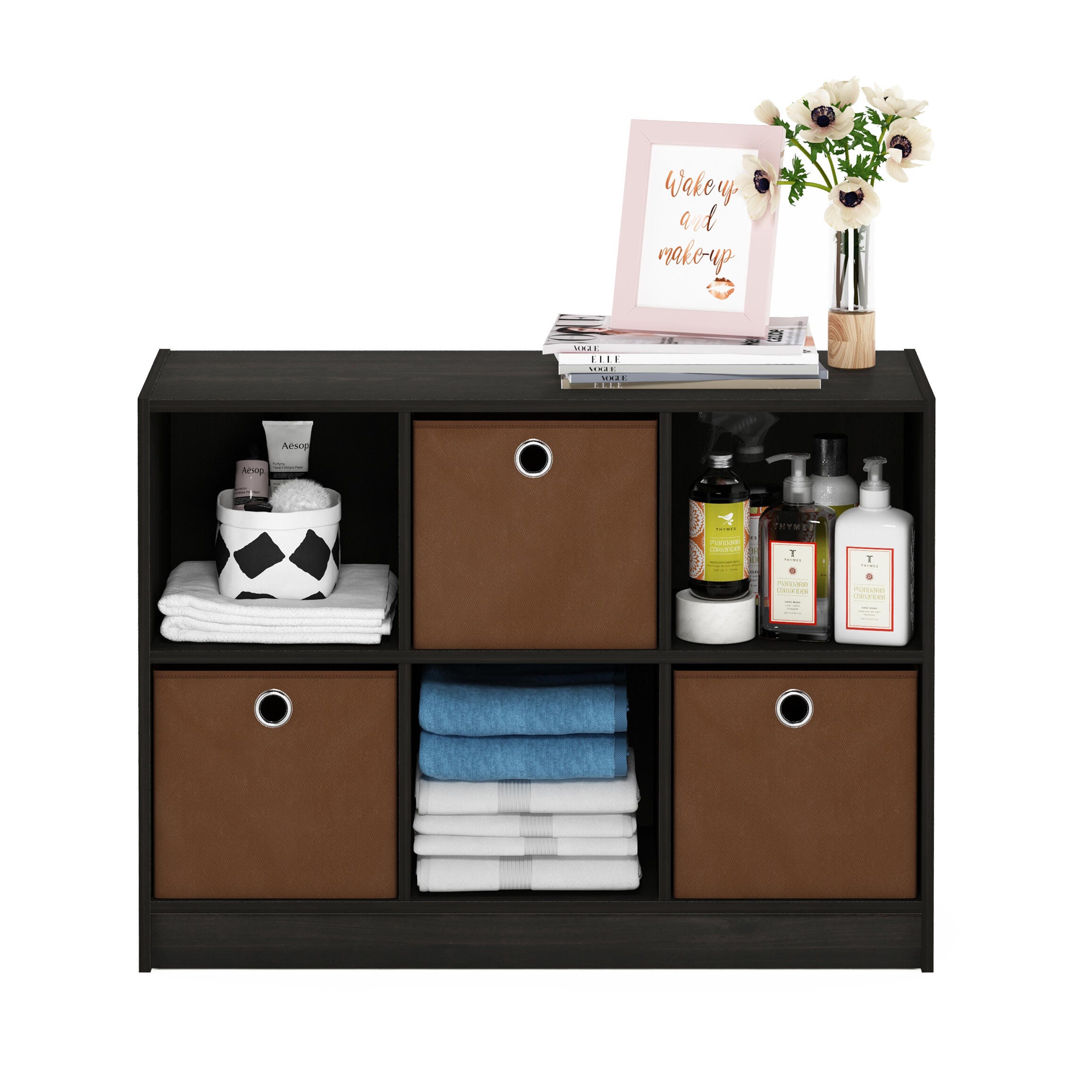 Furinno Basic 3x2 Bookcase Storage with Bins, Espresso/Brown, large