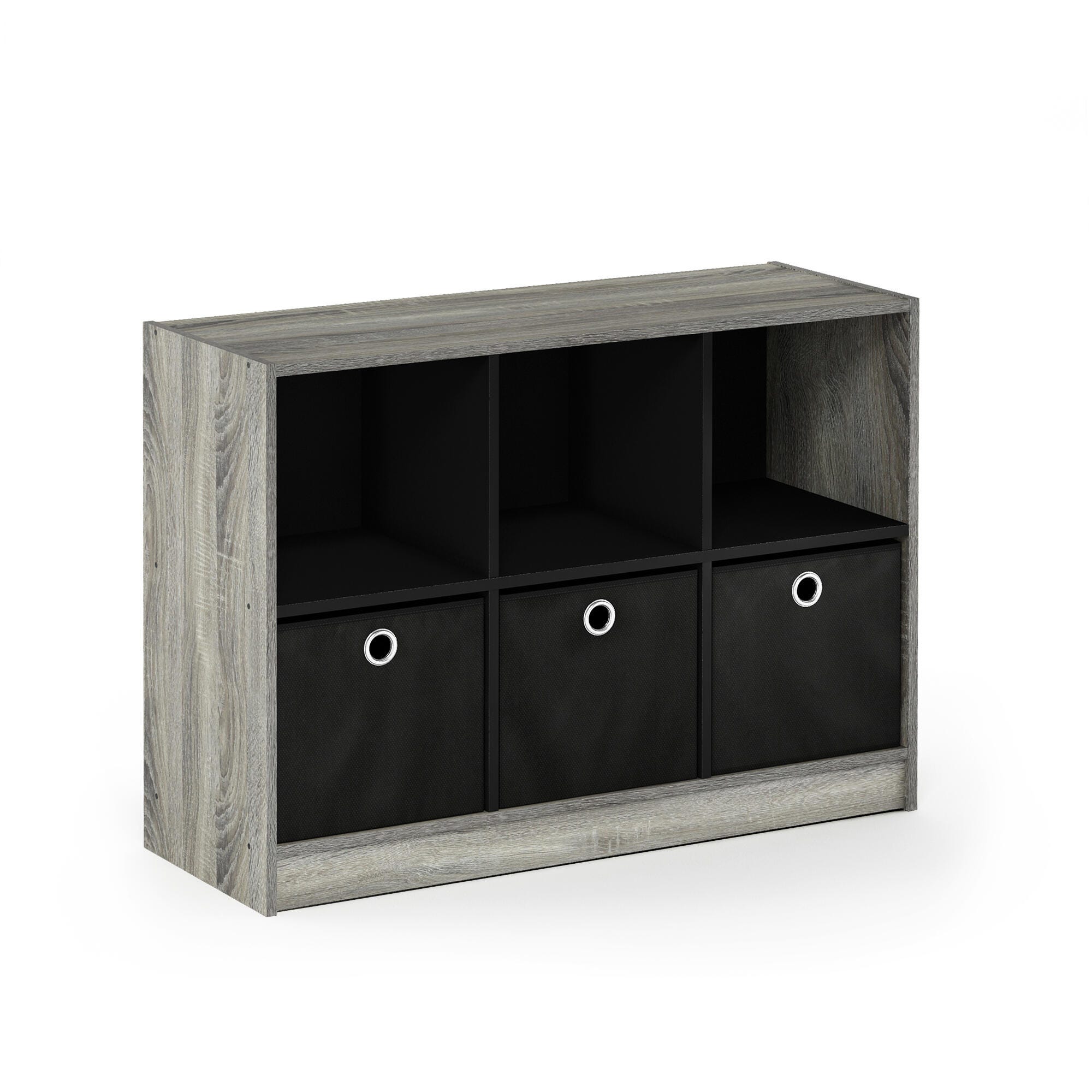 Furinno Basic 3x2 Bookcase Storage with Bins, French Oak Gray/Black, large