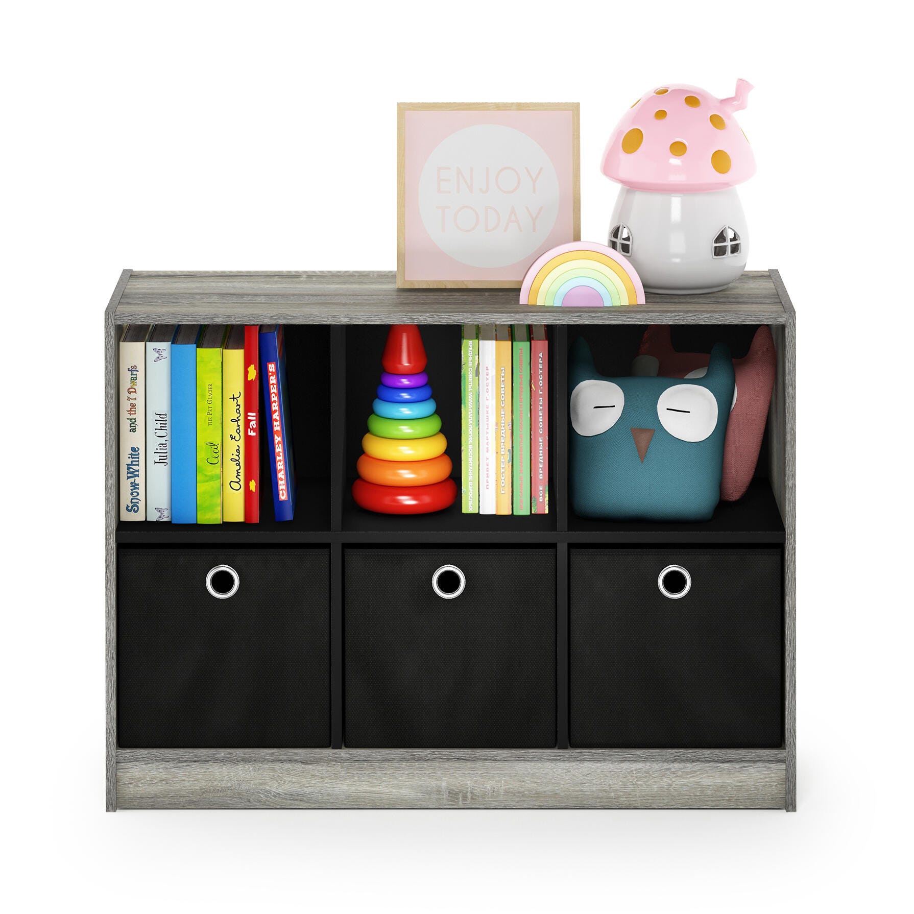 Furinno Basic 3x2 Bookcase Storage with Bins, French Oak Gray/Black, large