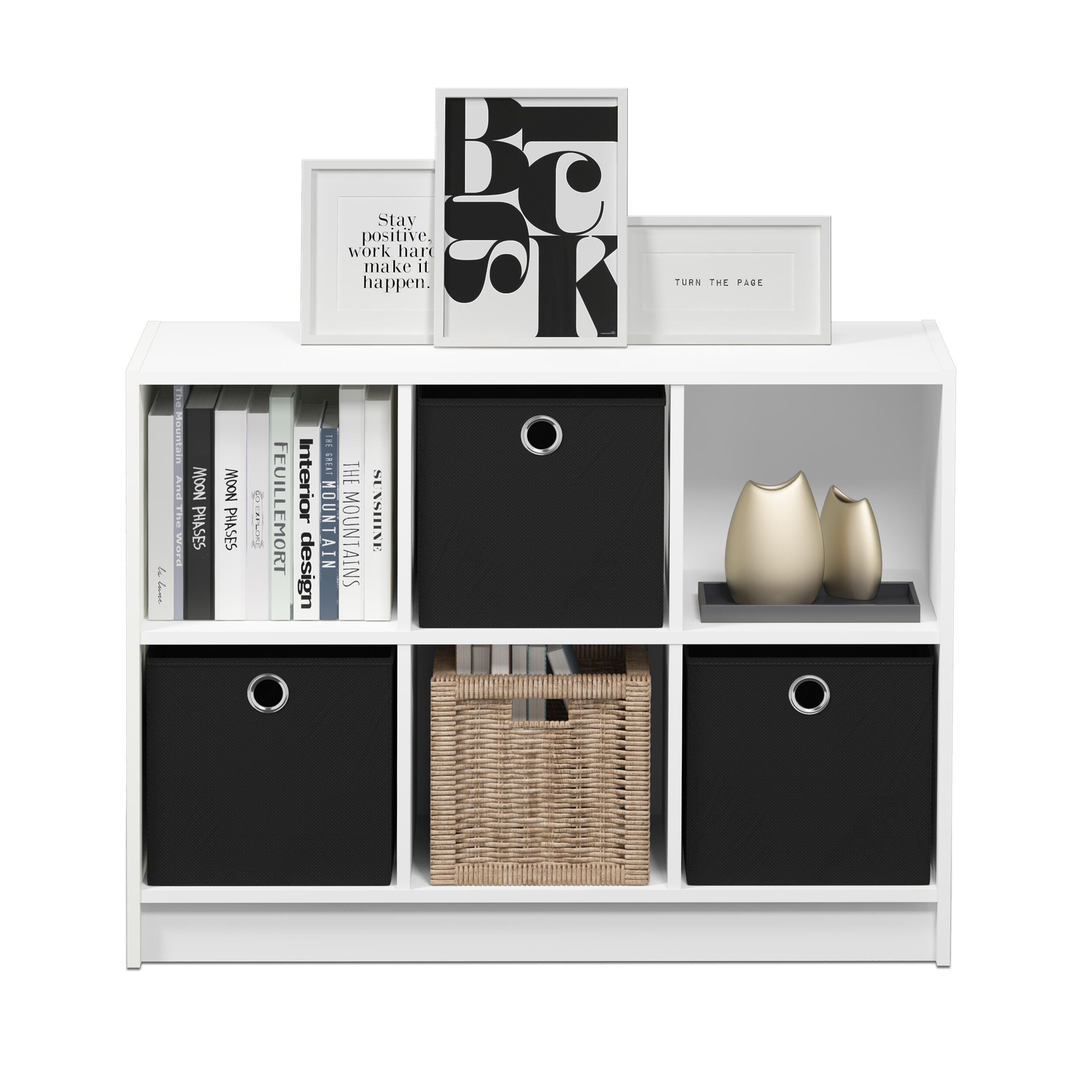 Furinno Basic 3x2 Bookcase Storage with Bins, White/Black, large