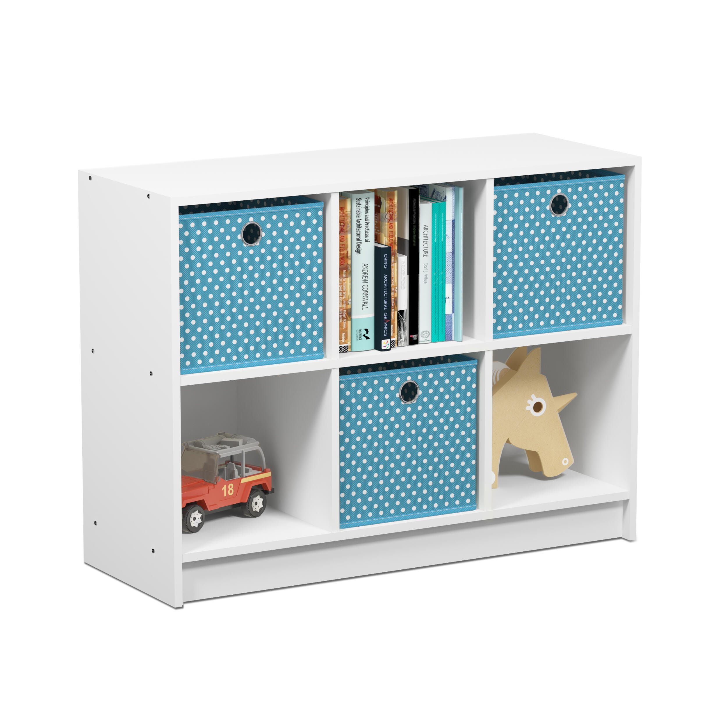 Furinno Basic 3x2 Bookcase Storage with Bins, White/Light Blue, rollover