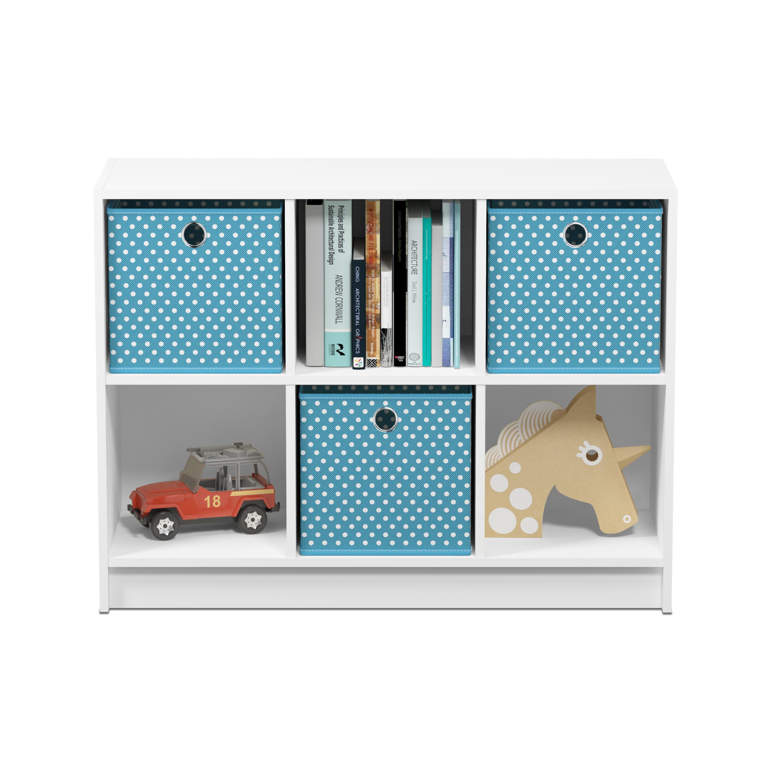 Furinno Basic 3x2 Bookcase Storage with Bins, White/Light Blue, large