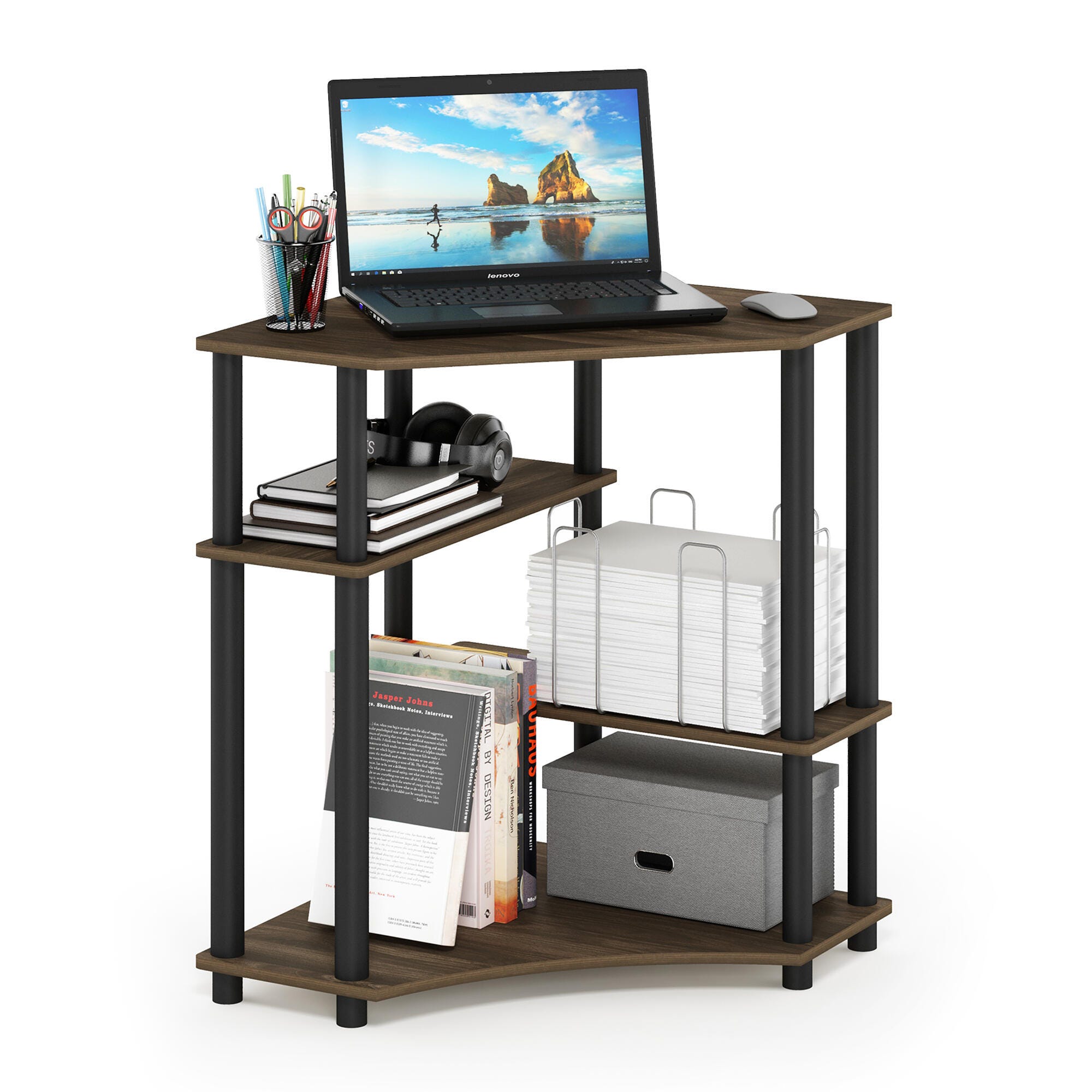 Furinno Turn-N-Tube Space Saving Corner Desk with Shelves | Ashley