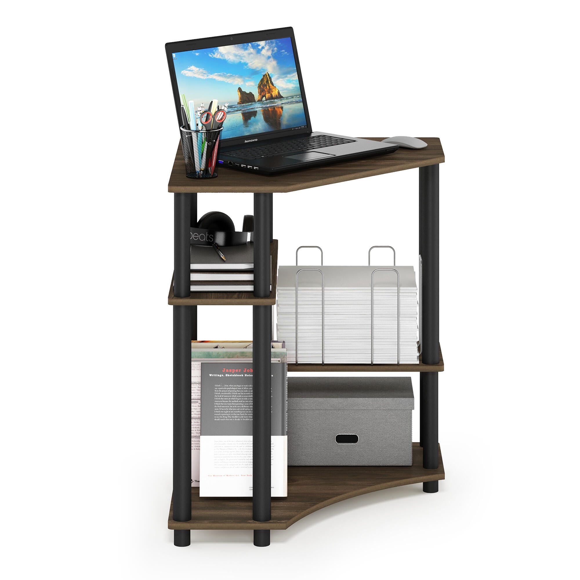 Furinno Turn-N-Tube Space Saving Corner Desk with Shelves | Ashley