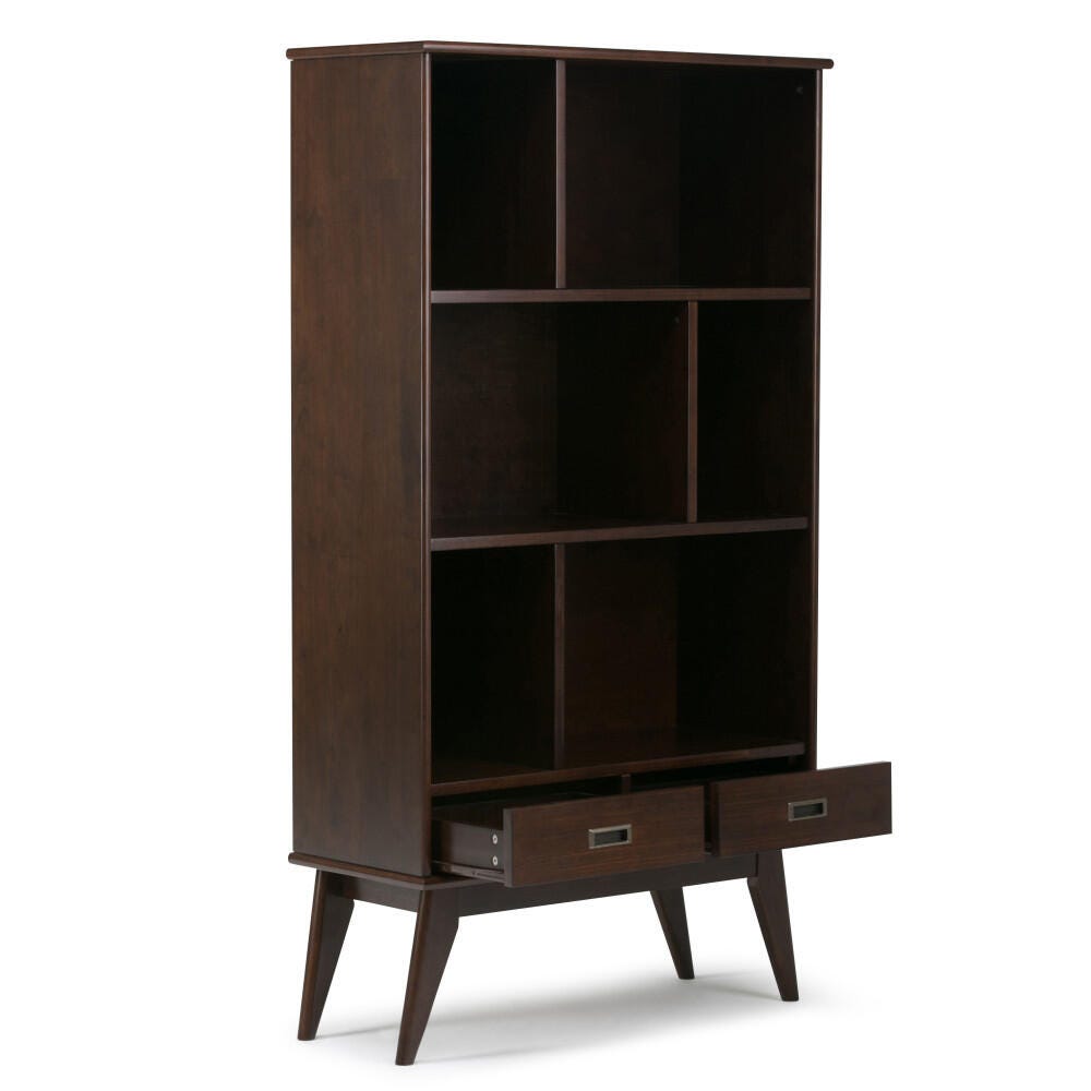 Simpli Home Draper 64" Mid Century Bookcase and Storage Unit, Brown, large