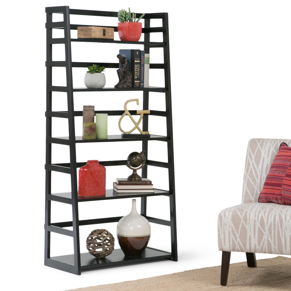 Simpli Home Acadian 63" Wooden Rustic Ladder Bookcase, Black, rollover