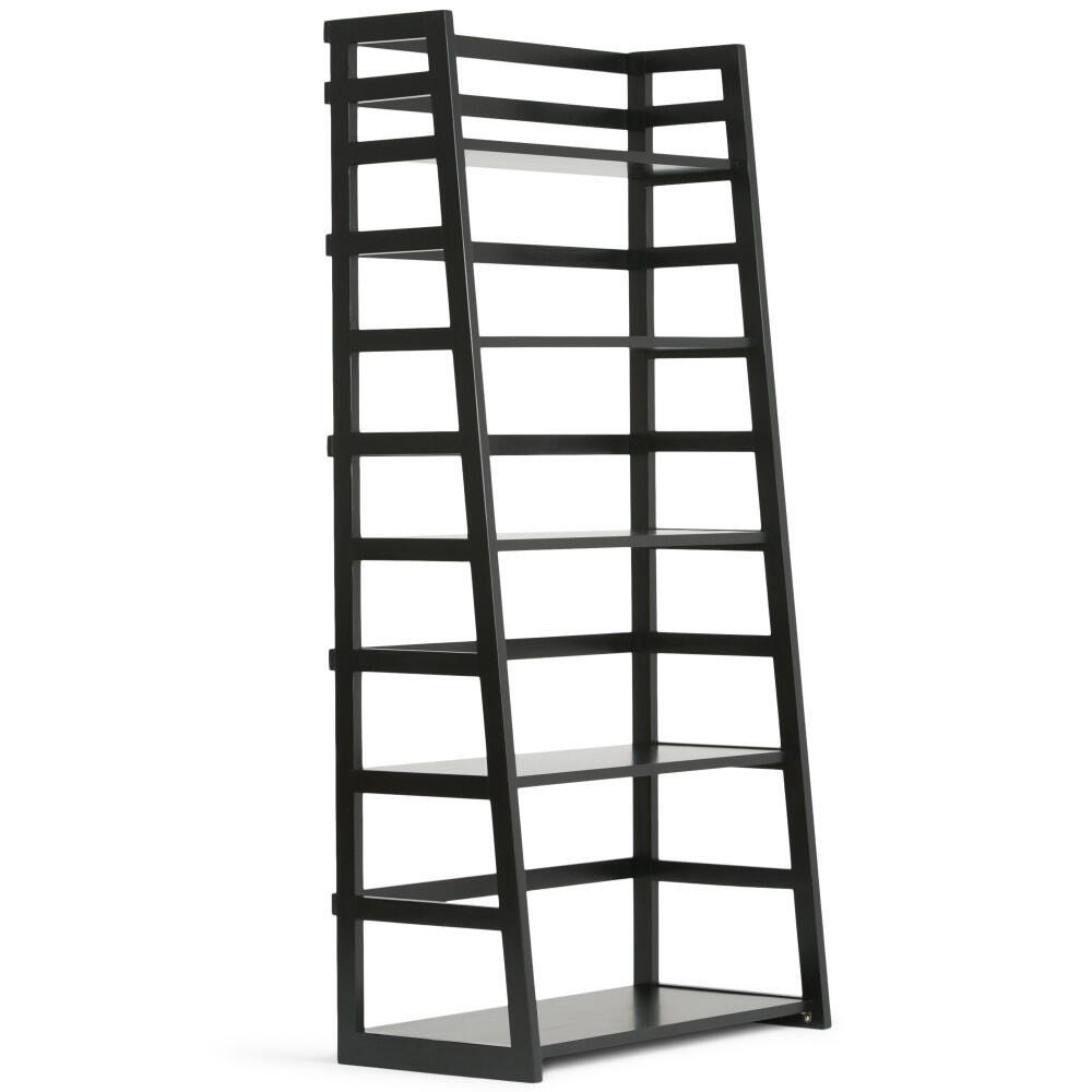 Simpli Home Acadian 63" Wooden Rustic Ladder Bookcase, Black, large
