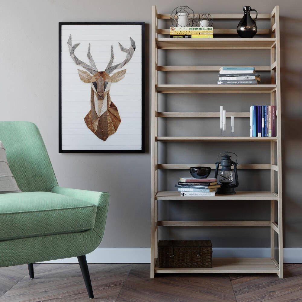 Simpli Home Acadian 63" Rustic Ladder Shelf, Gray, rollover