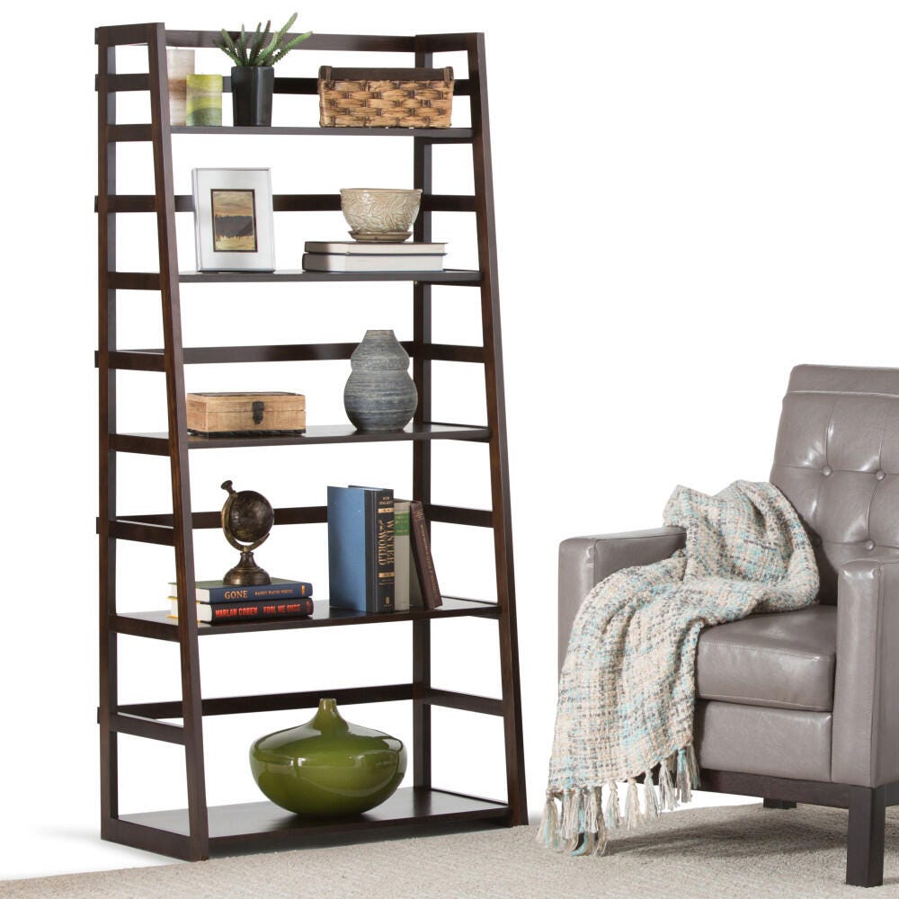 Simpli Home Acadian 63" Rustic Ladder Shelf, Brown, large