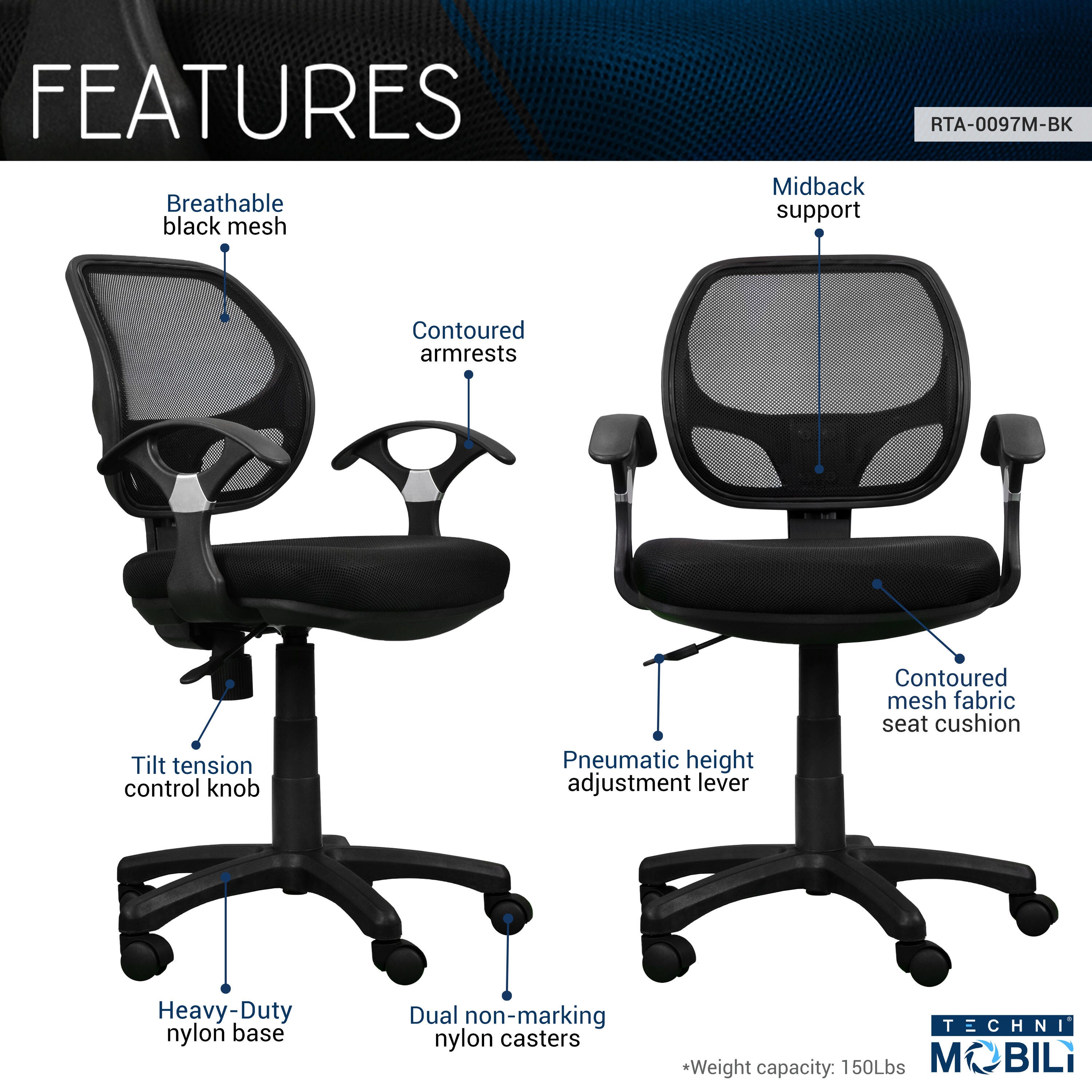 Techni Mobili Midback Mesh Task Office Chair, , large