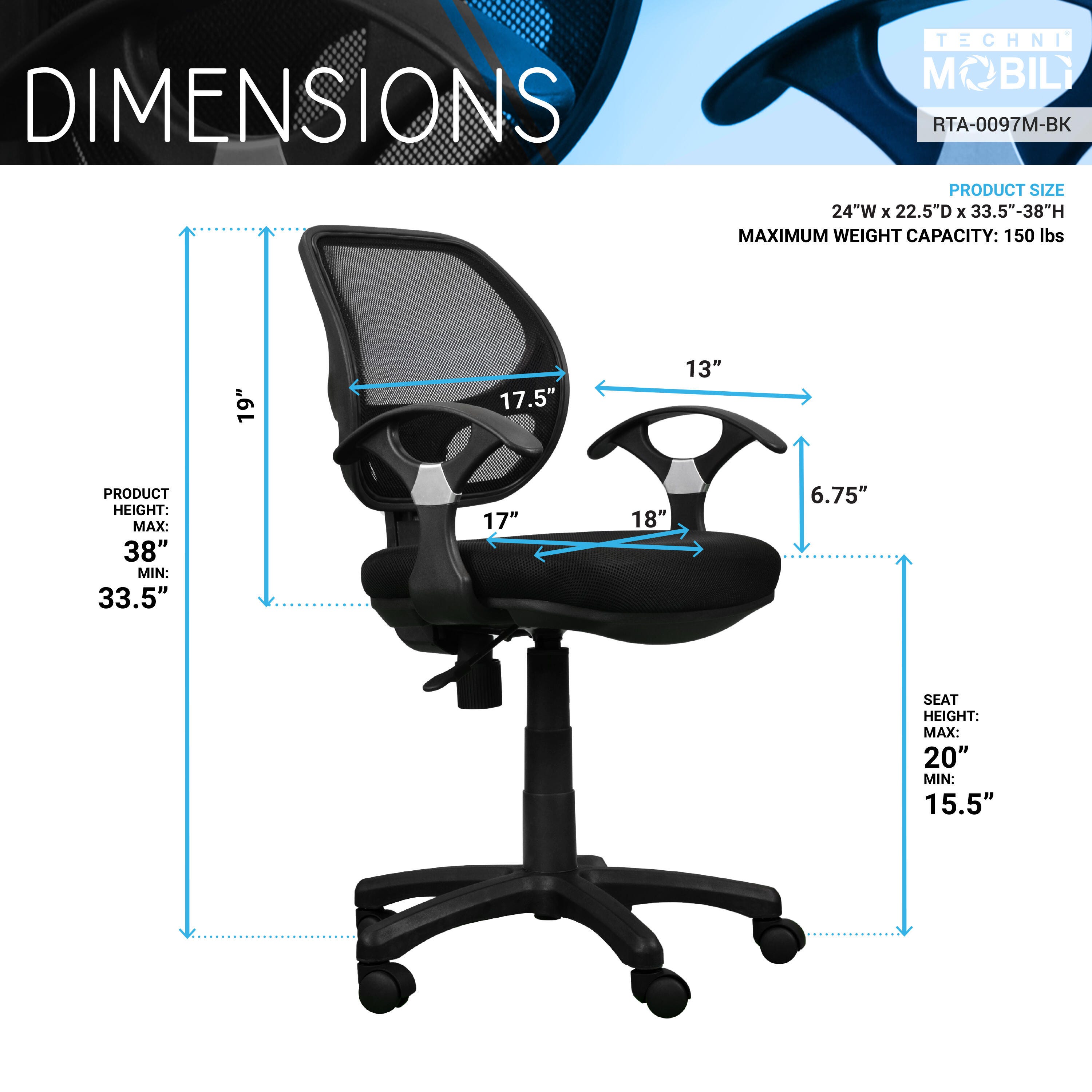 Techni Mobili Midback Mesh Task Office Chair, , large
