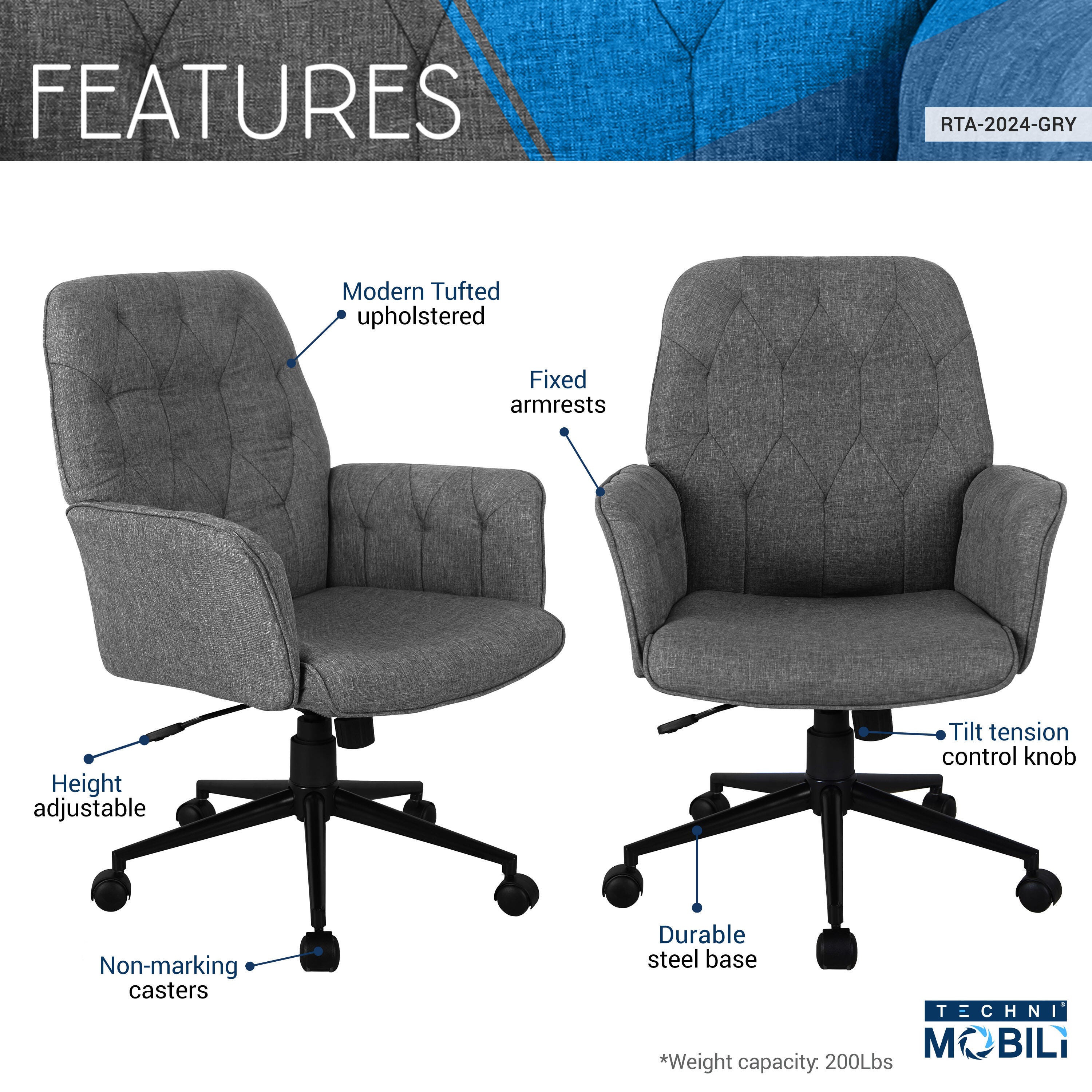 Techni Mobili Modern Tufted Office Chair with Arms, , large