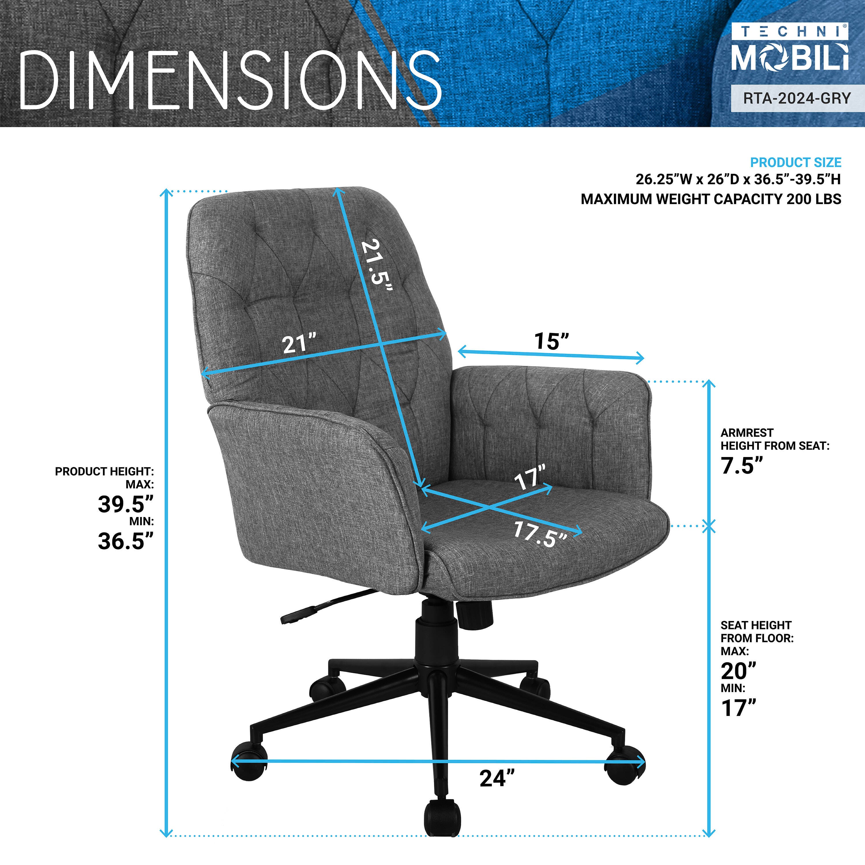 Techni Mobili Modern Tufted Office Chair with Arms, , large