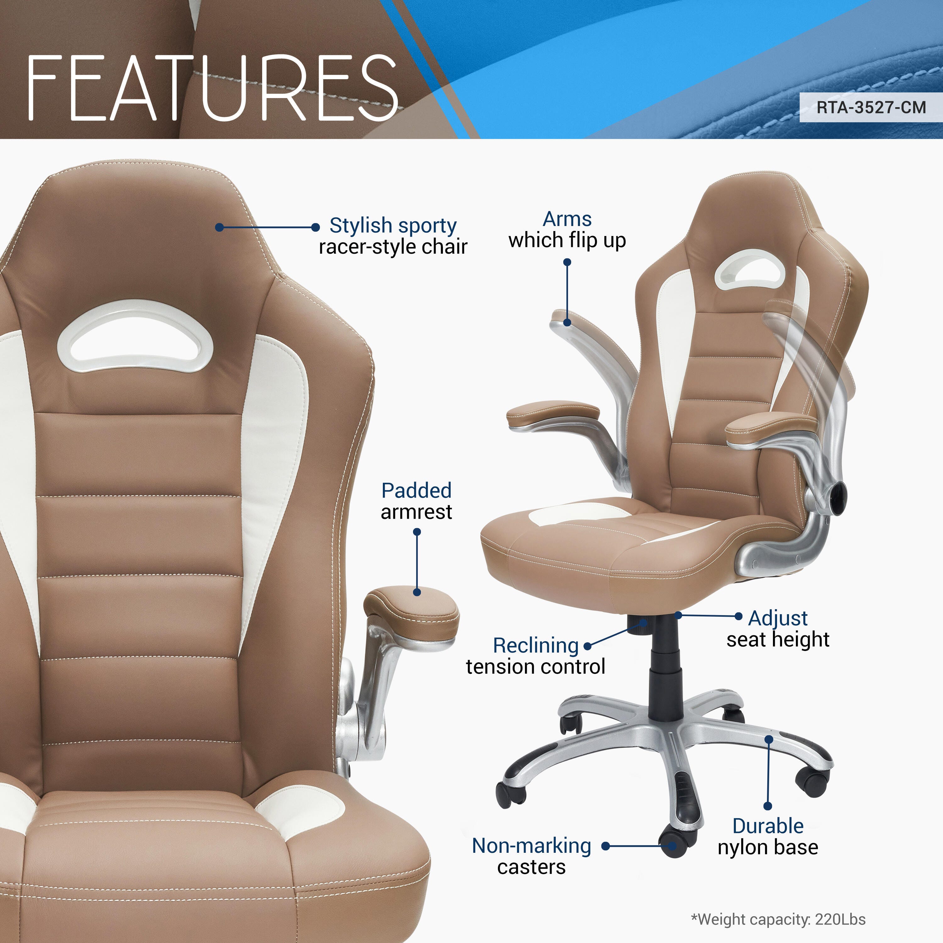 Techni Mobili High Back Executive Sport Race Office Chair, Camel, large