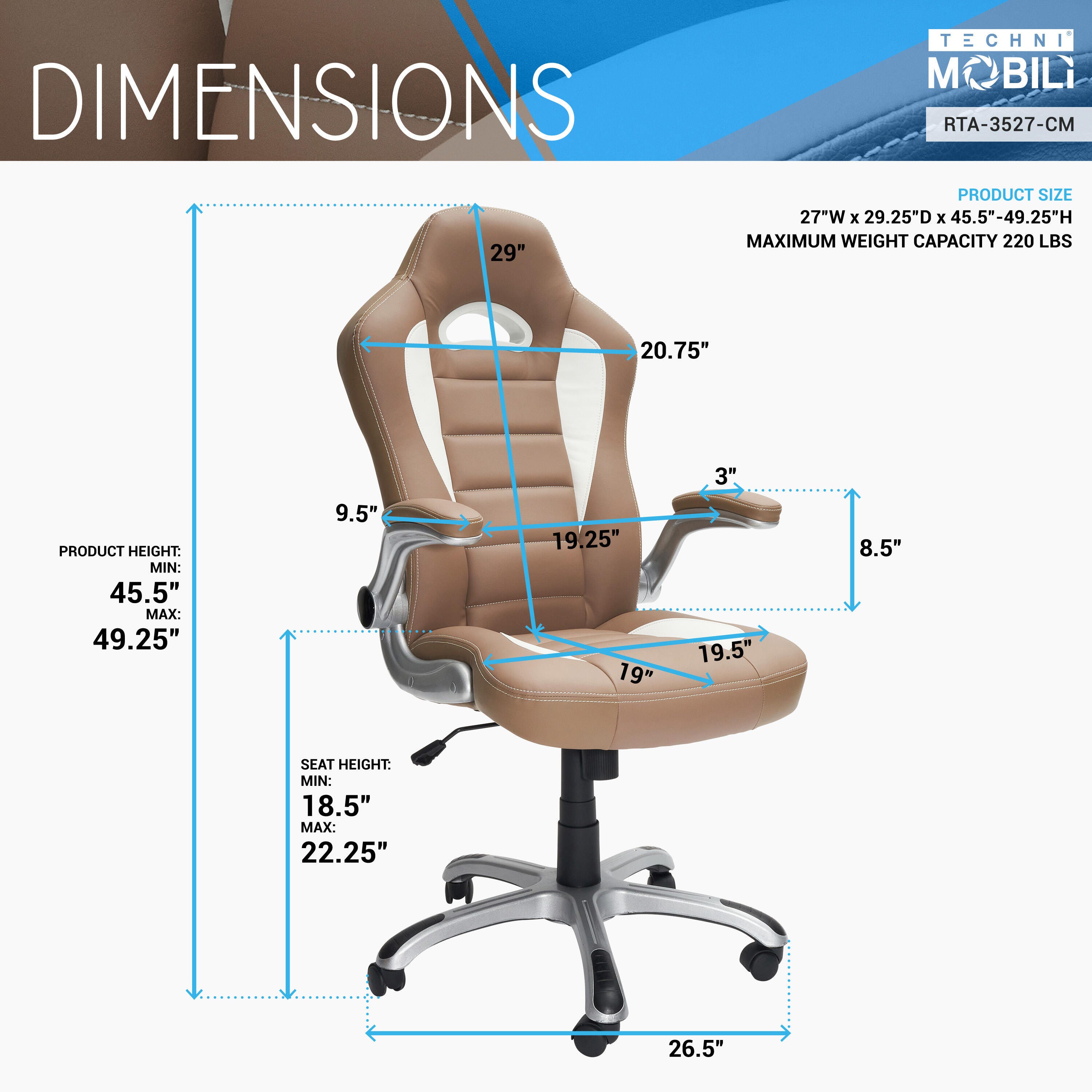 Techni Mobili High Back Executive Sport Race Office Chair, Camel, large