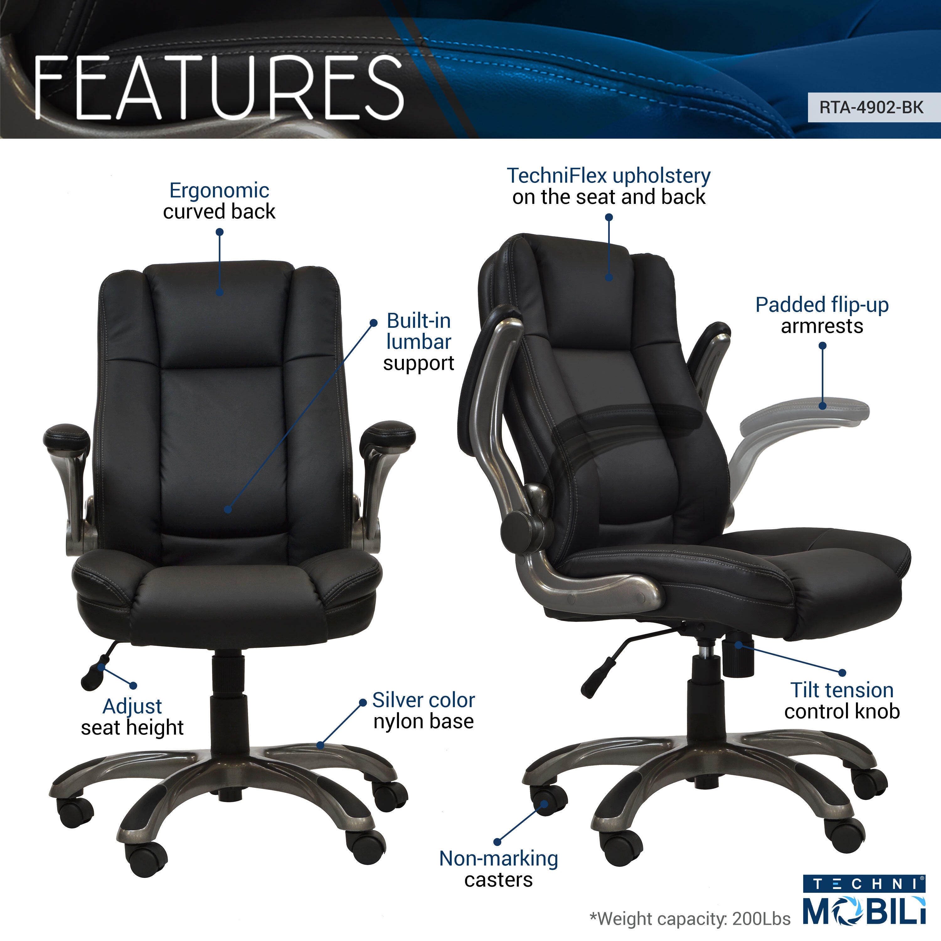 Techni Mobili Medium Back Executive Office Chair, , large