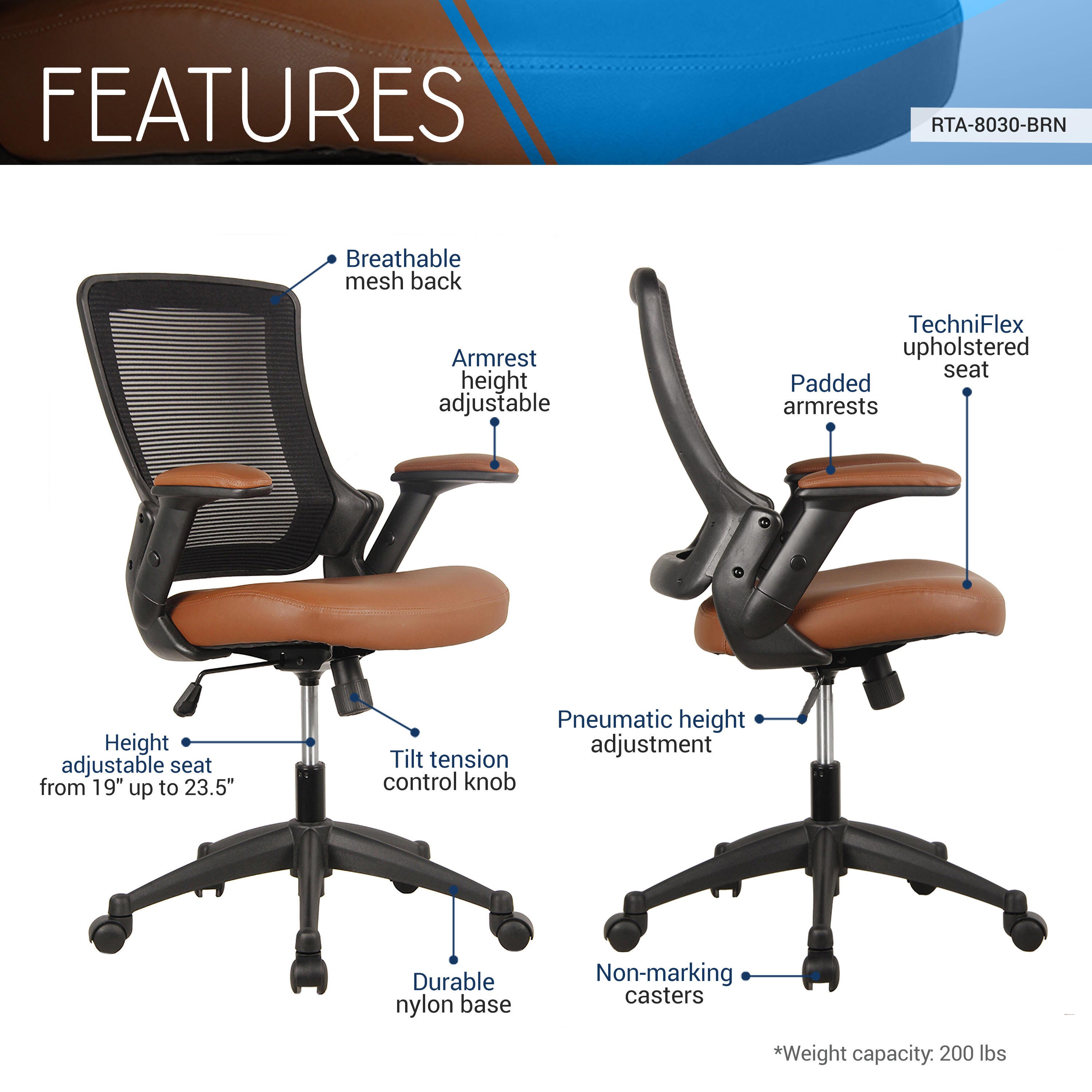 Techni Mobili Mid-Back Mesh Task Office Chair, Brown, large
