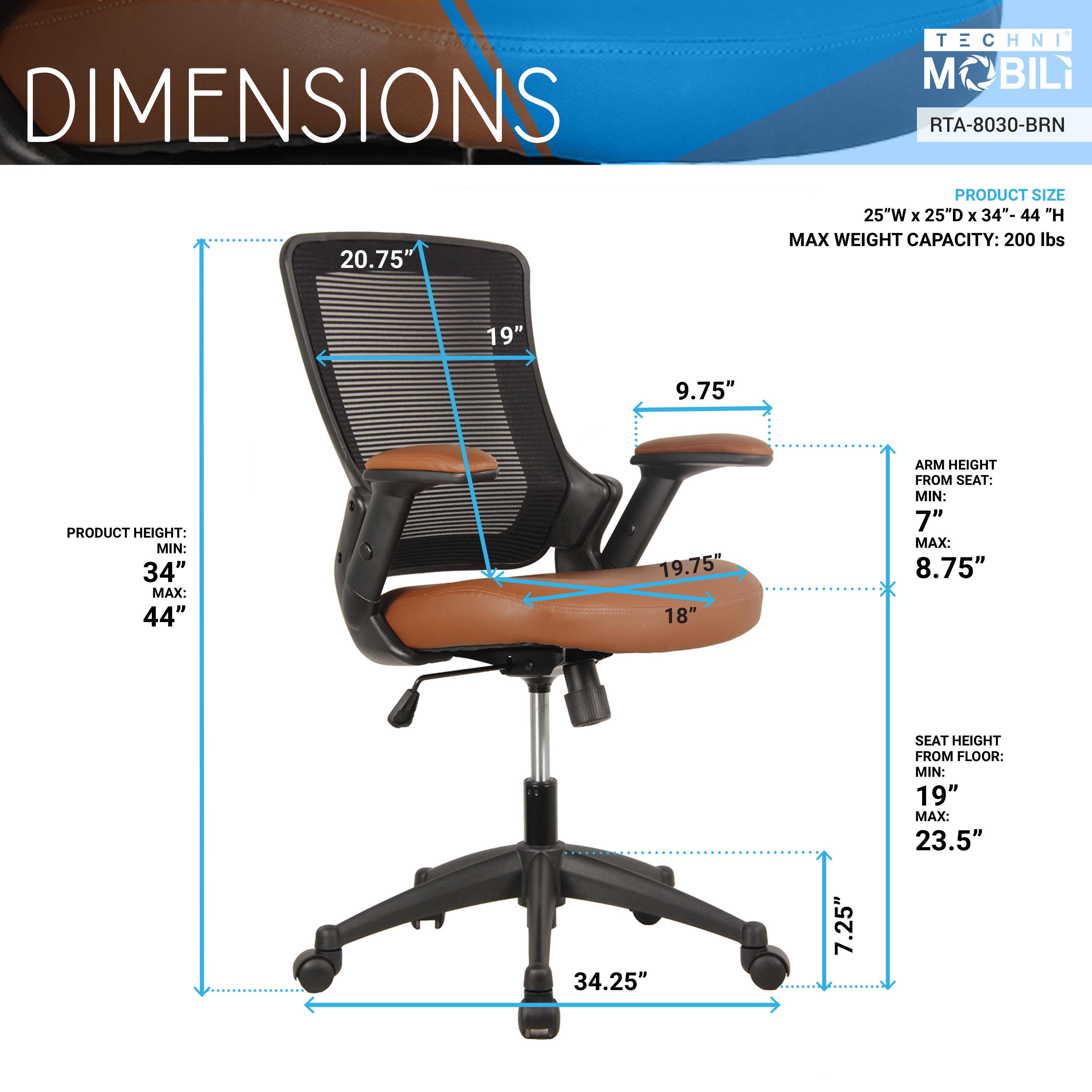 Techni Mobili Mid-Back Mesh Task Office Chair, Brown, large