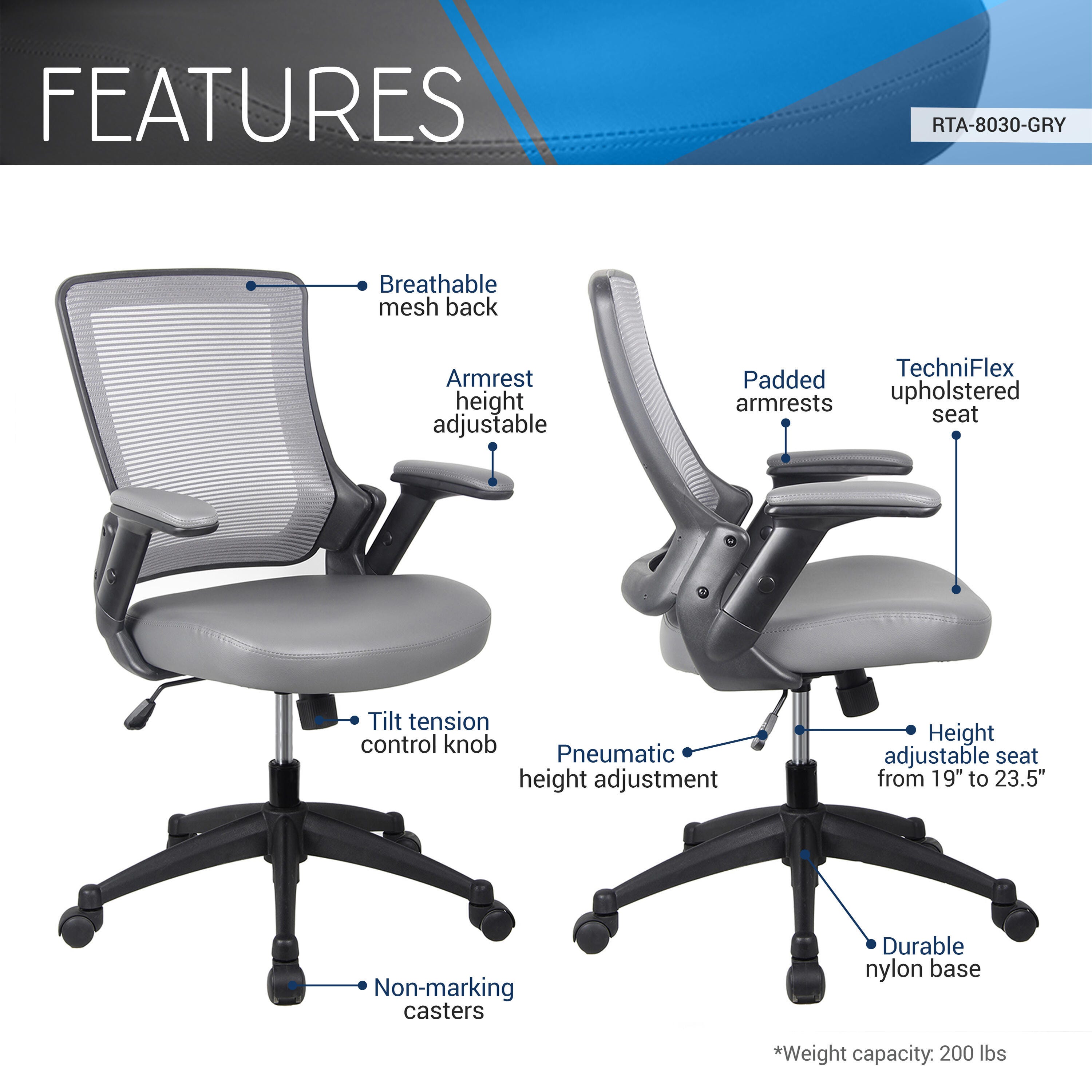Techni Mobili Mid-Back Mesh Task Office Chair, Gray, large