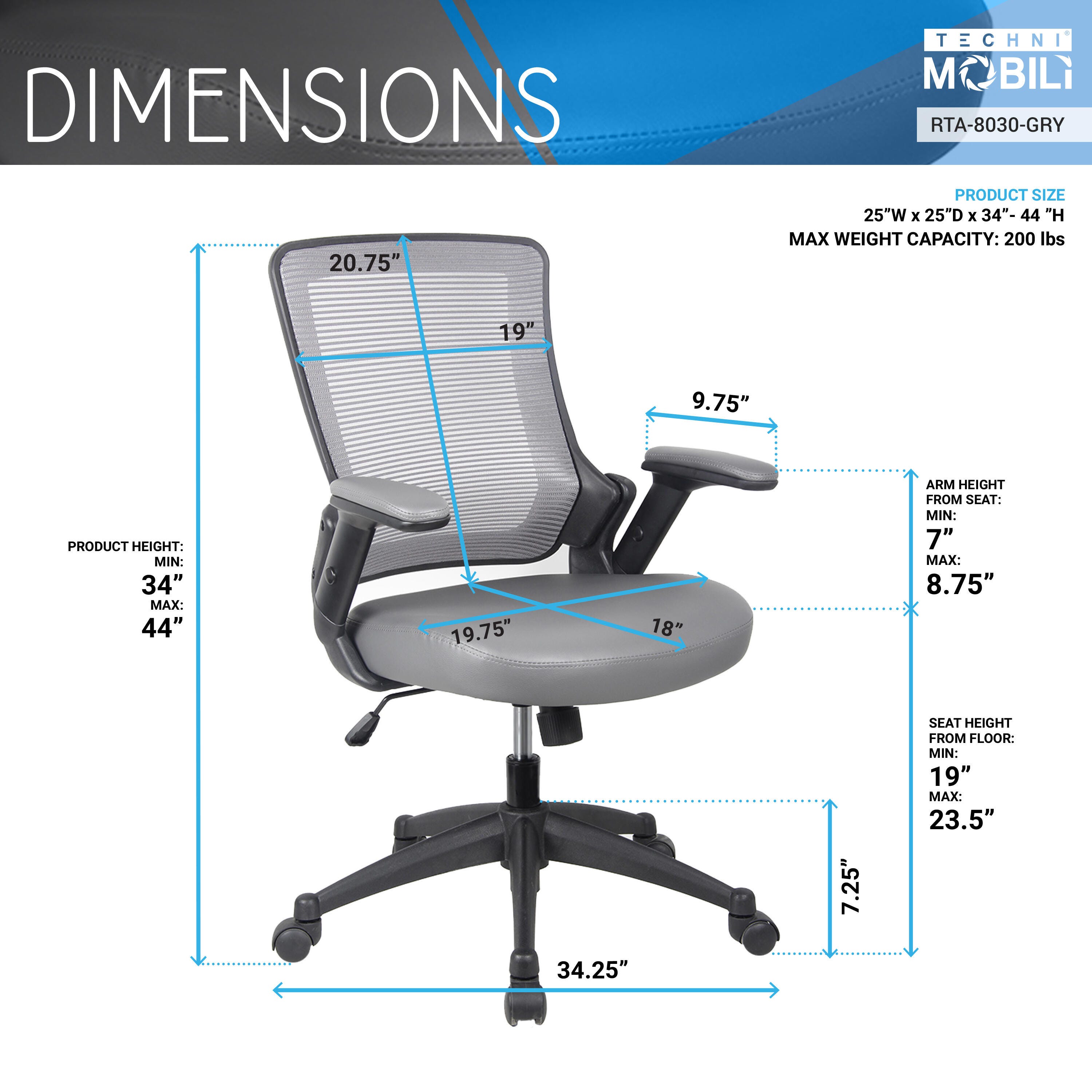 Techni Mobili Mid-Back Mesh Task Office Chair, Gray, large