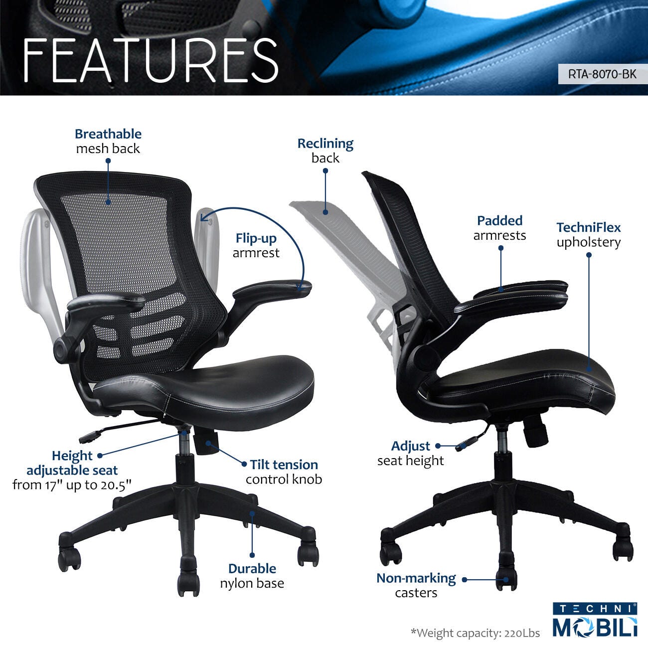 Techni Mobili Mid-Back Mesh Office Chair with Adjustable Arms, , large