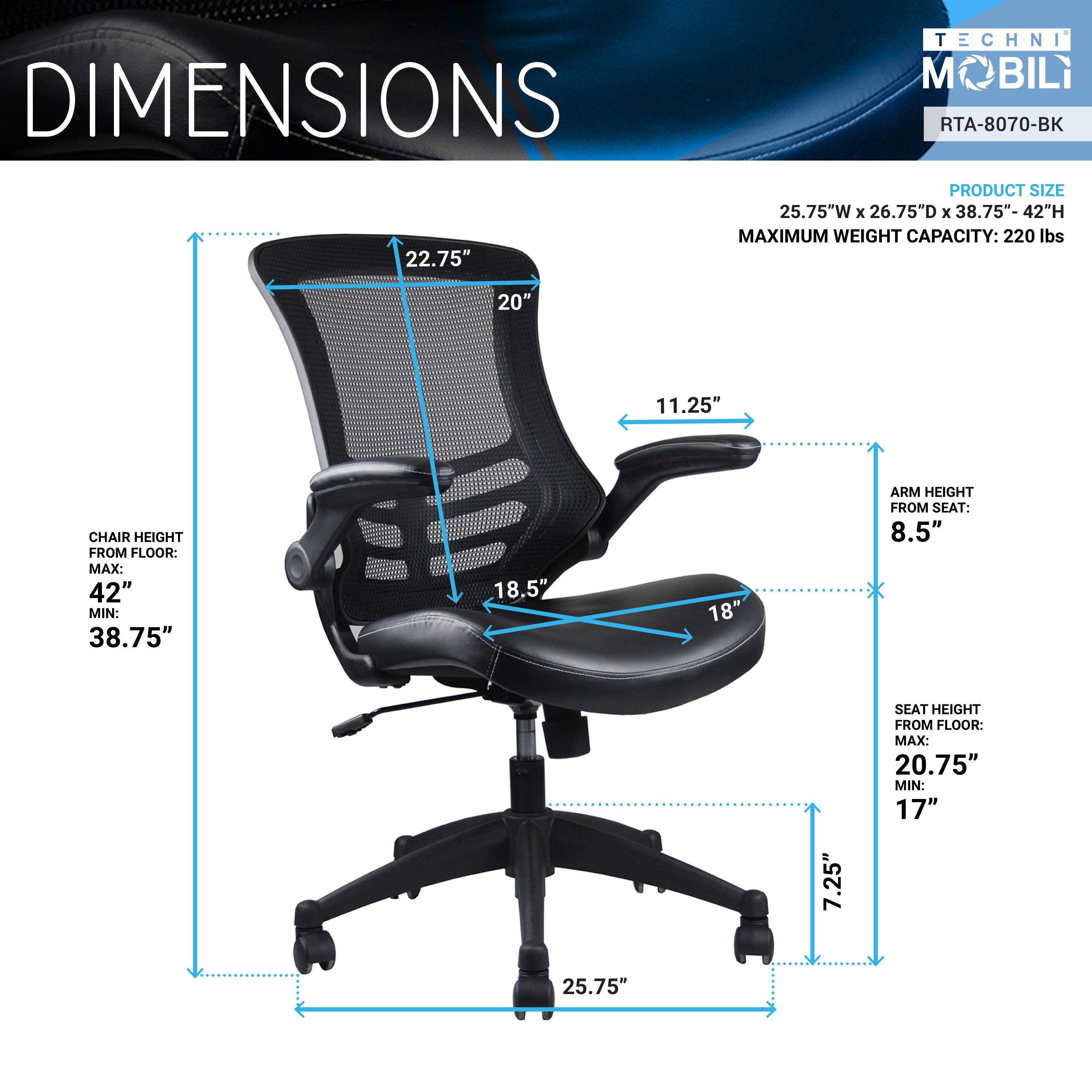 Techni Mobili Mid-Back Mesh Office Chair with Adjustable Arms, , large
