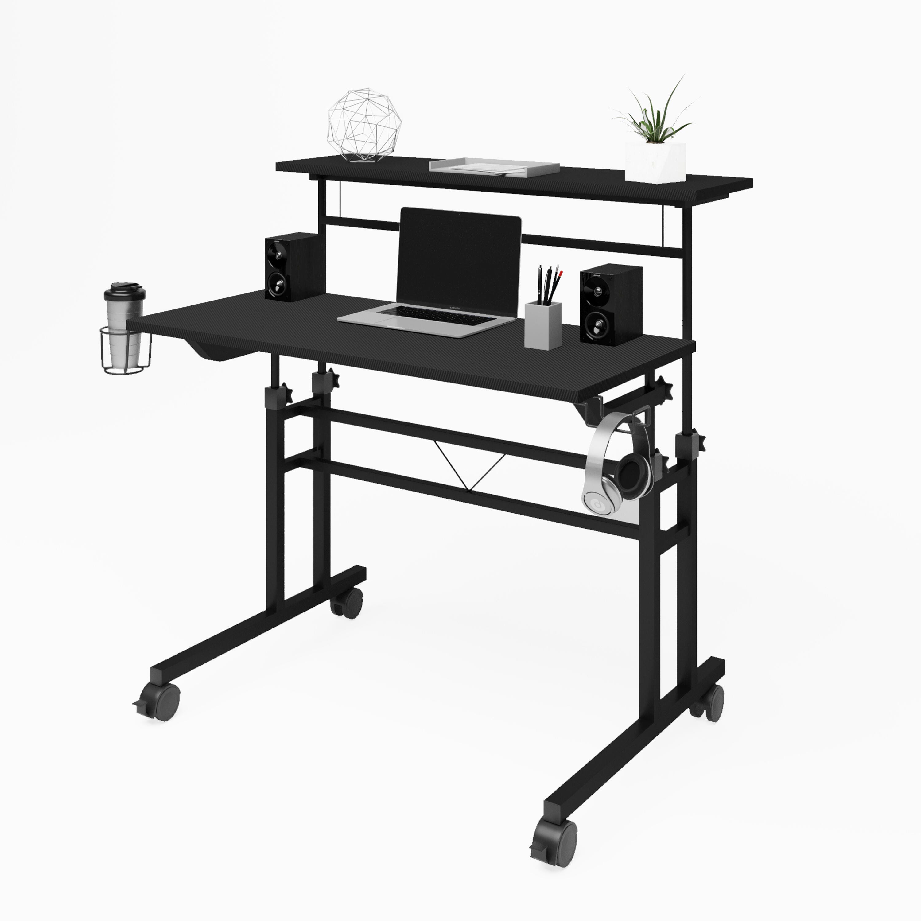 Techni Mobili Rolling Writing Desk with Height Adjustable Desktop, Black, large