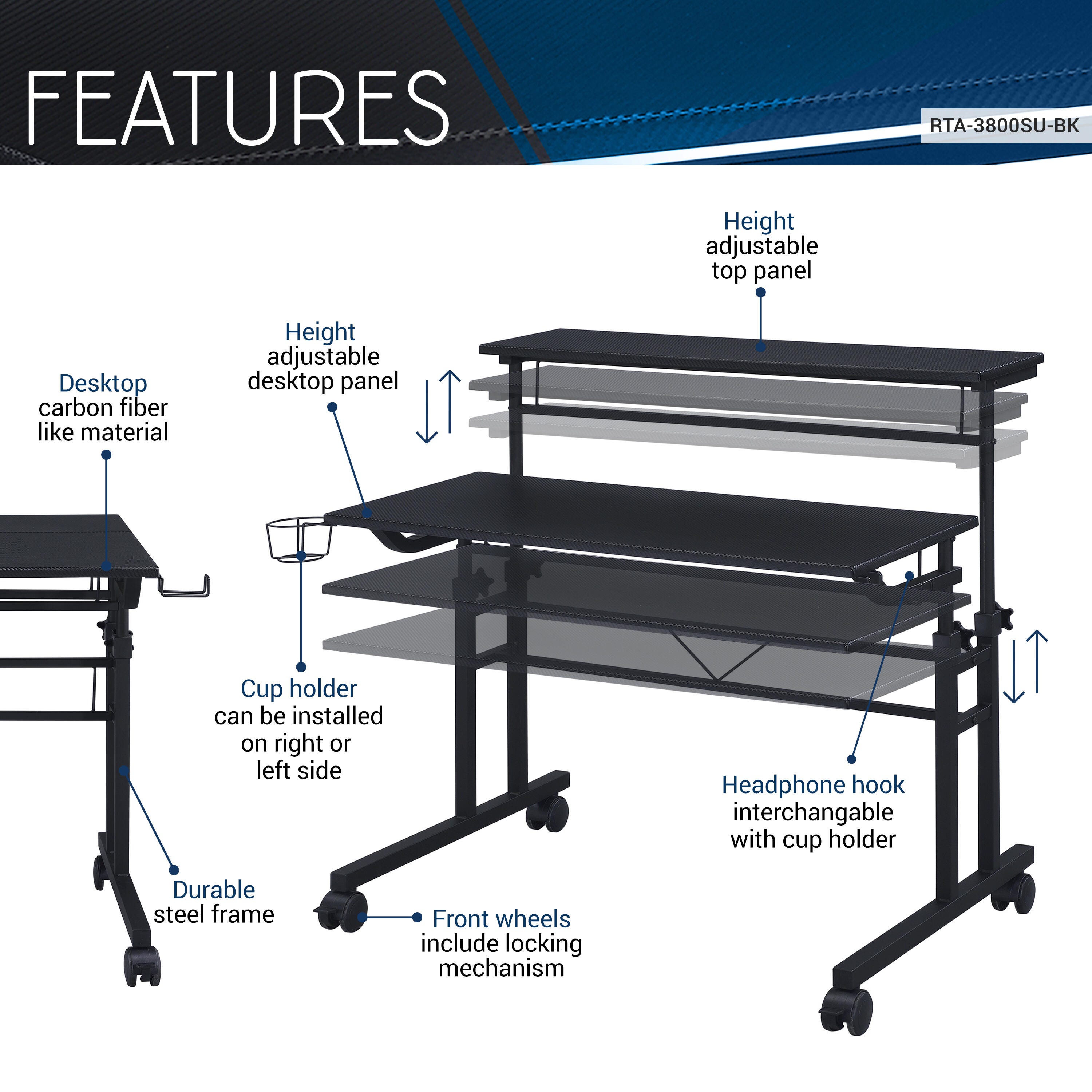 Techni Mobili Rolling Writing Desk with Height Adjustable Desktop, Black, large