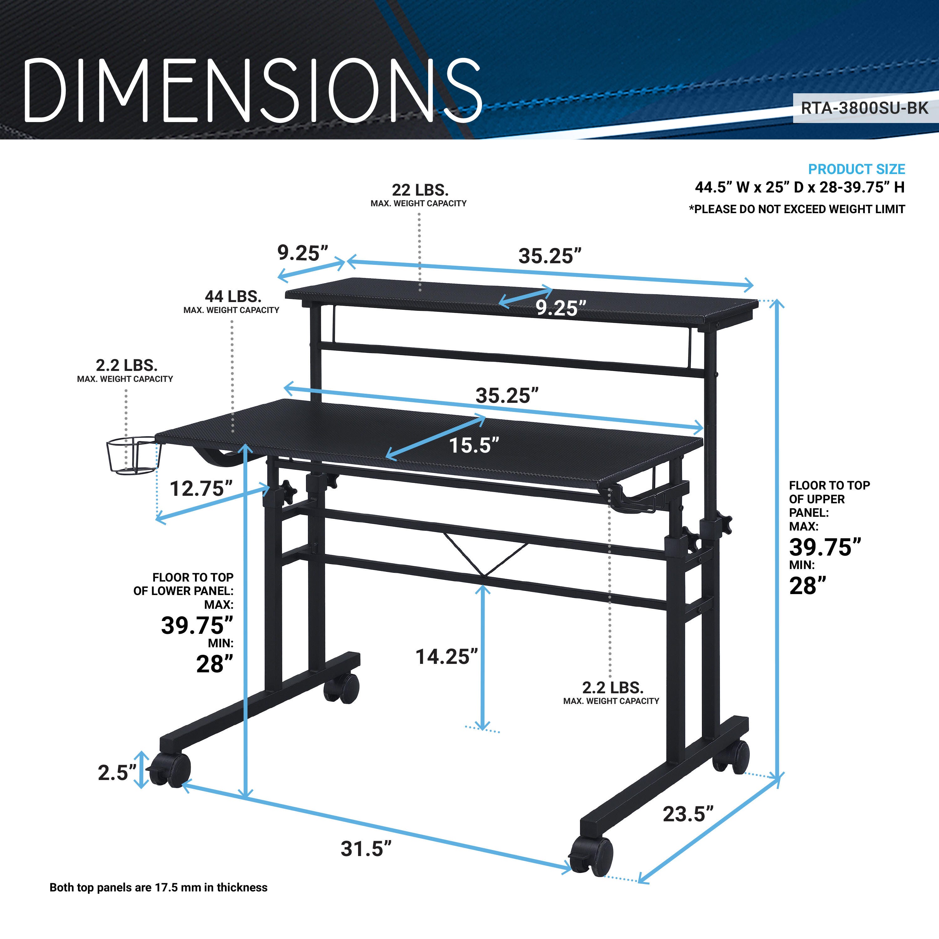 Techni Mobili Rolling Writing Desk with Height Adjustable Desktop, Black, large