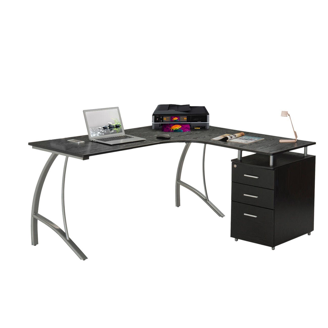 Techni Mobili Modern L- Shaped Computer Desk with File Cabinet, , large