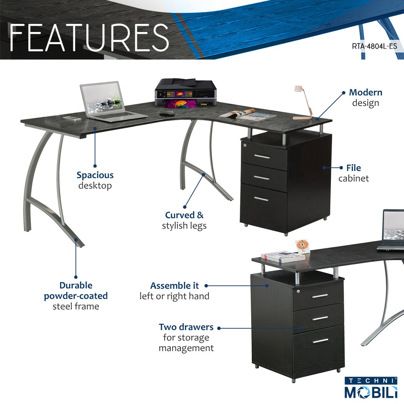 Techni Mobili Modern L- Shaped Computer Desk with File Cabinet, , large